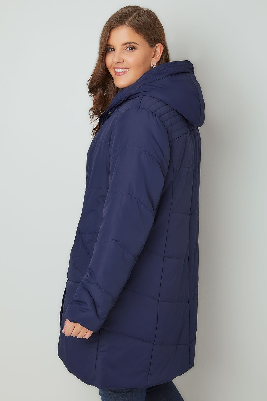 Navy Padded Puffer Jacket With Hood, Plus size 16 to 36