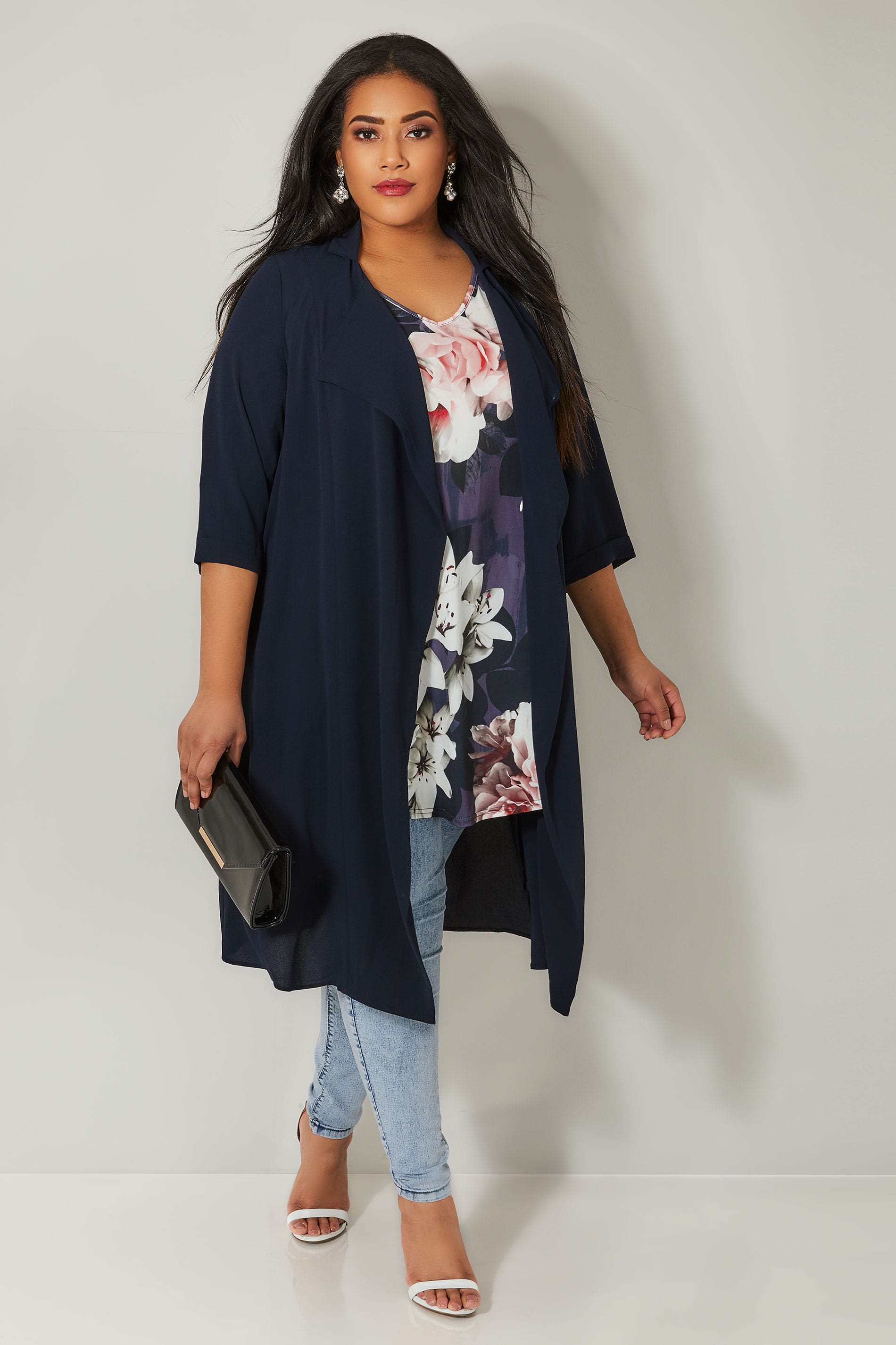 Navy Panelled Duster Jacket With Waterfall Front & Half Sleeves Plus ...