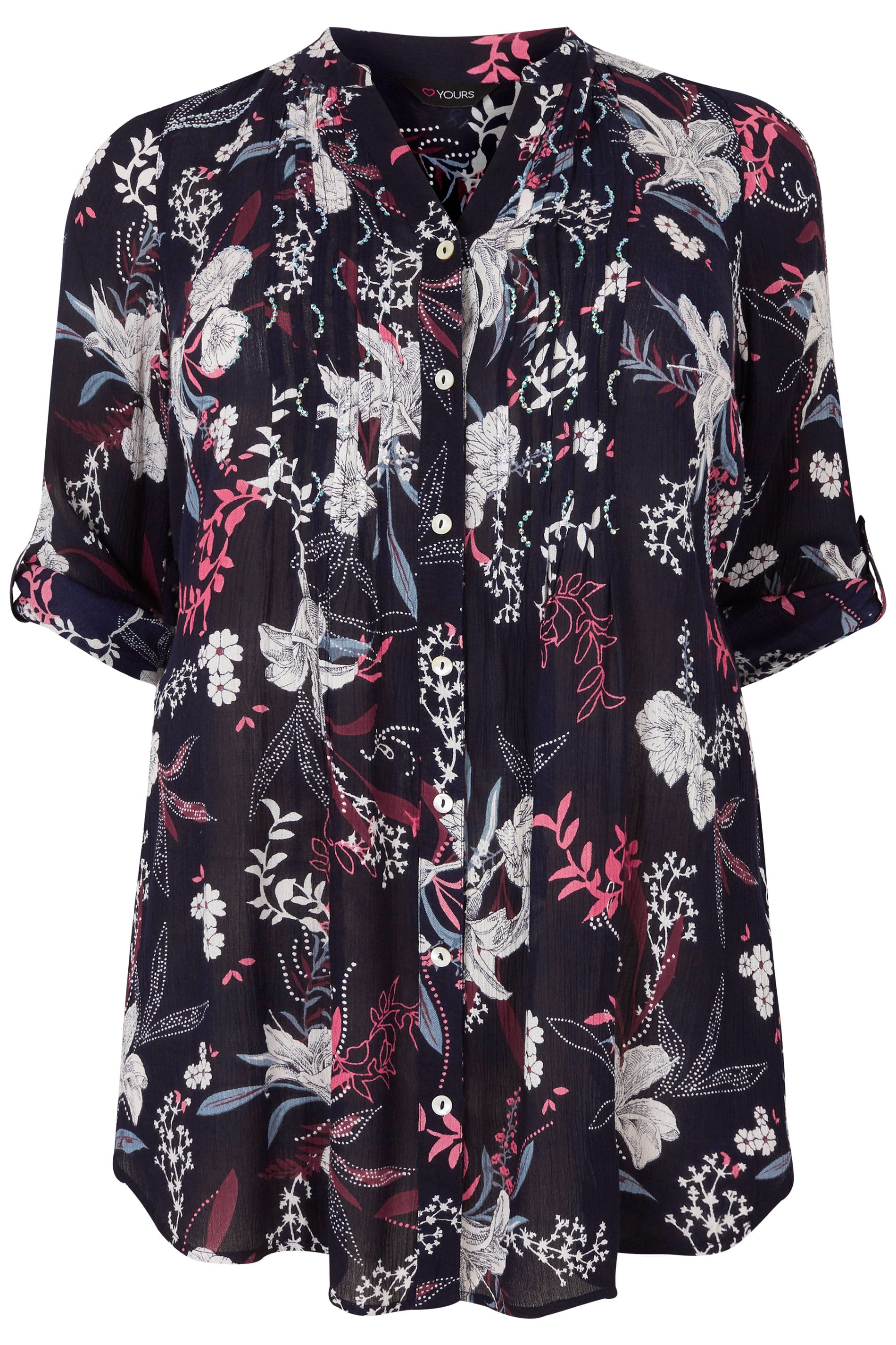 Navy & Pink Floral Pintuck Longline Blouse With Sequin Detail, plus ...