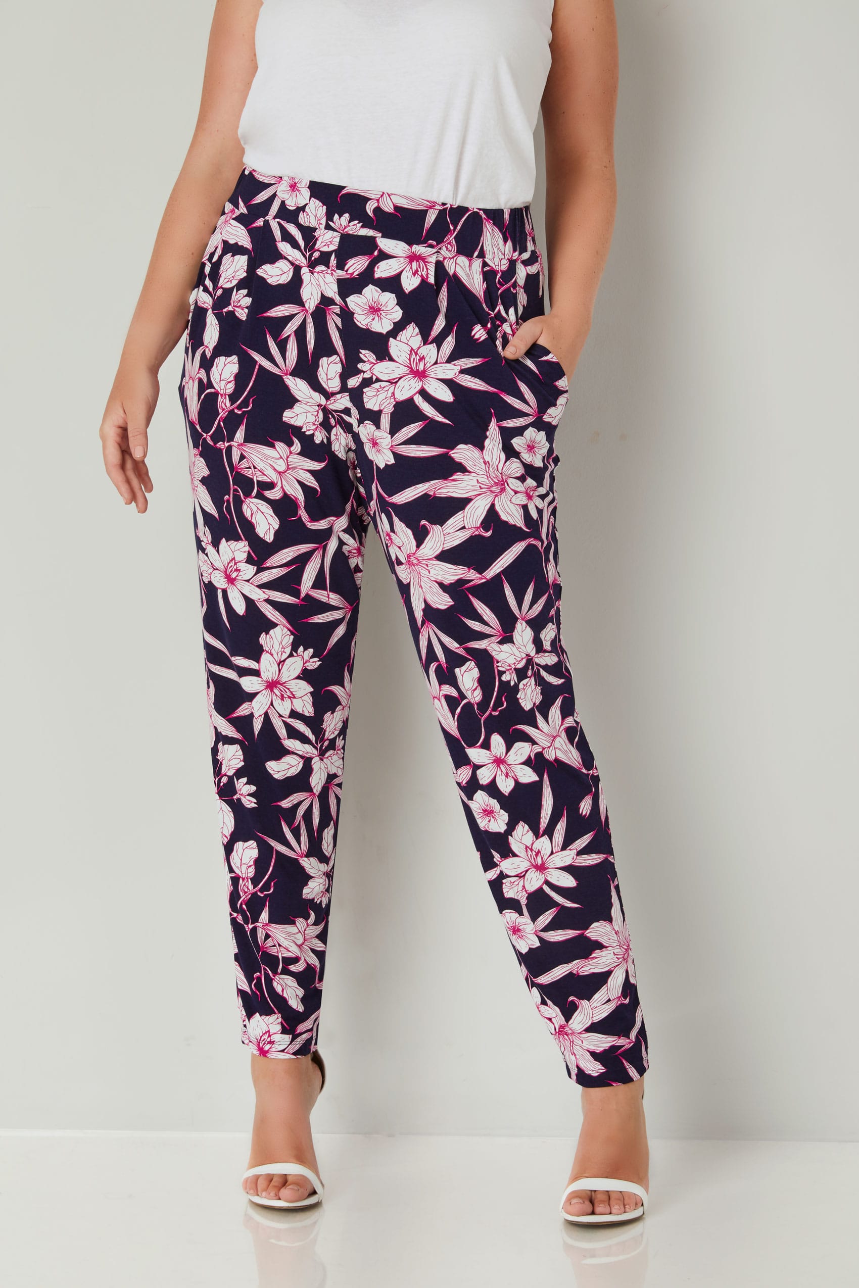 Navy & Pink Floral Print Jersey Harem Trousers, Plus size 16 to 36
