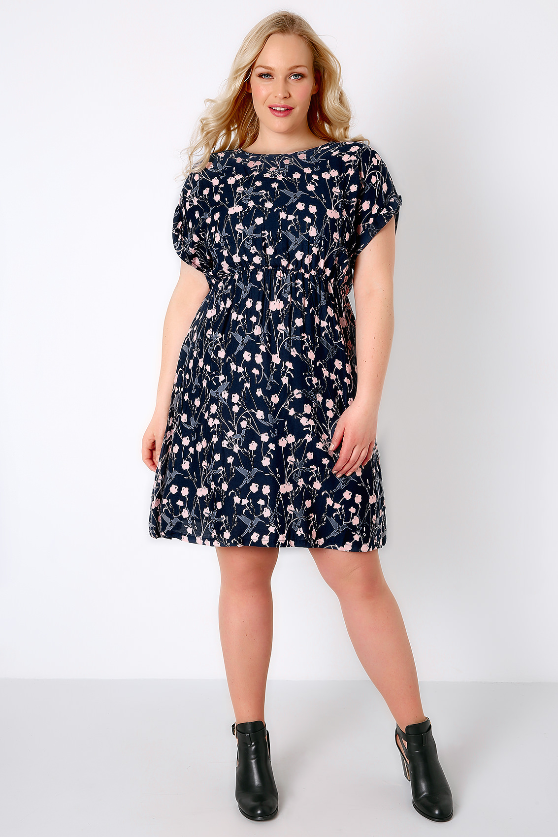 Navy, Pink & Grey Floral Print Skater Dress Plus Size 16 to 32