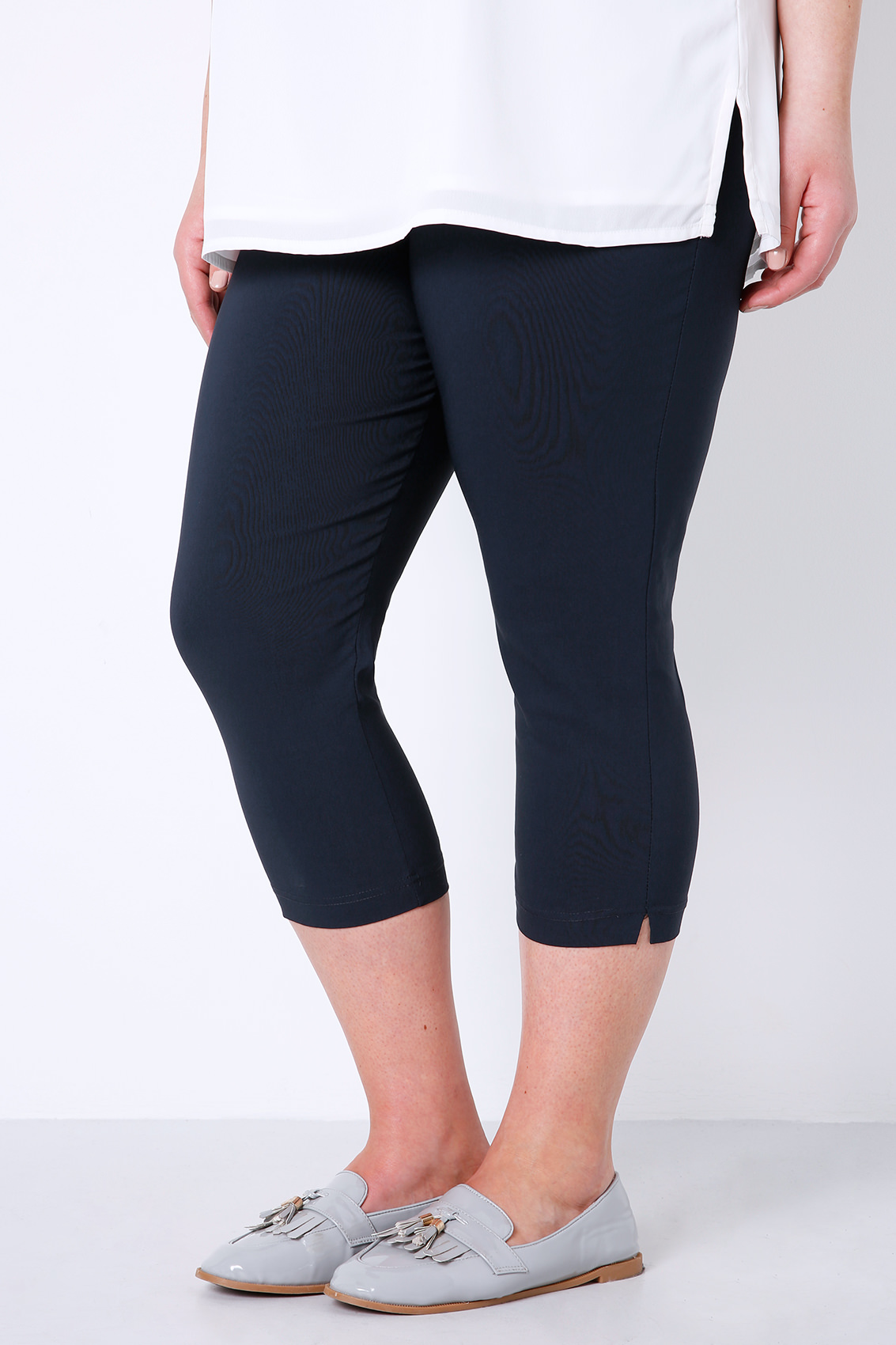 Navy Pull On Stretch Cropped Trousers, Plus size 16 to 36