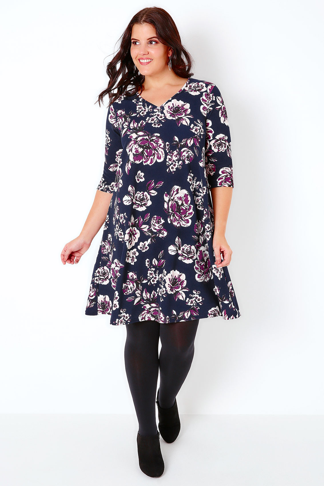 Navy, Purple & Multi Old Rose Printed Swing Dress With 3/4 Length ...