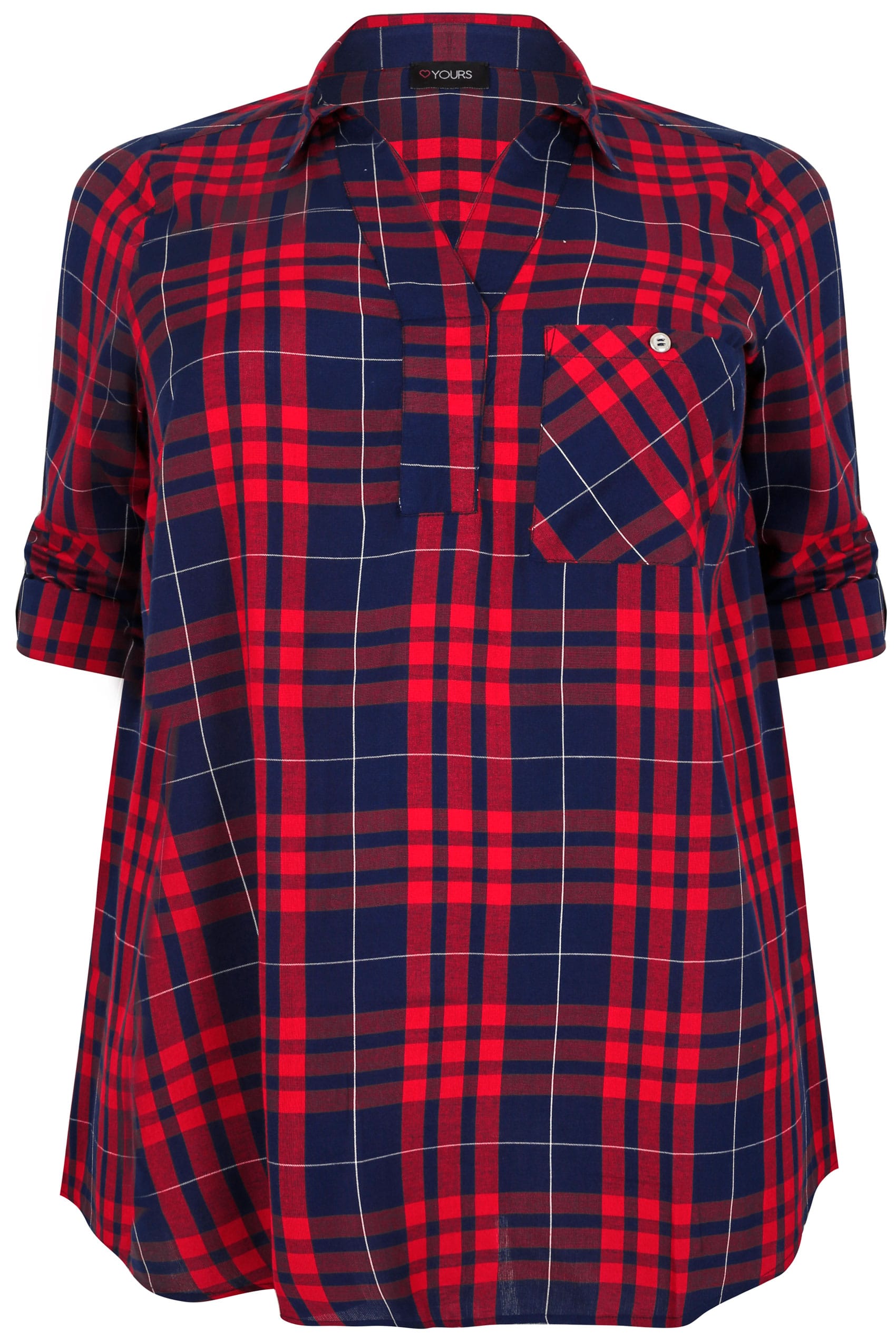 Navy & Red Oversized Checked Shirt With V-Neck, Plus size 16 to 36