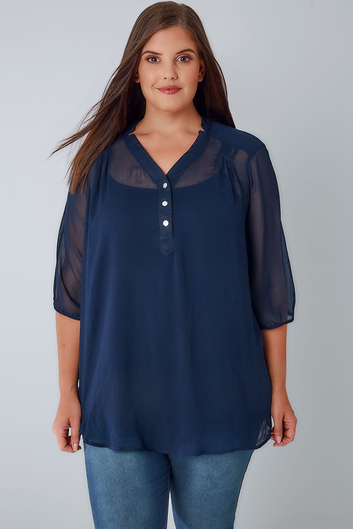 Navy Sheer Chiffon Button-Up Blouse With 3/4 Length Sleeves plus size ...