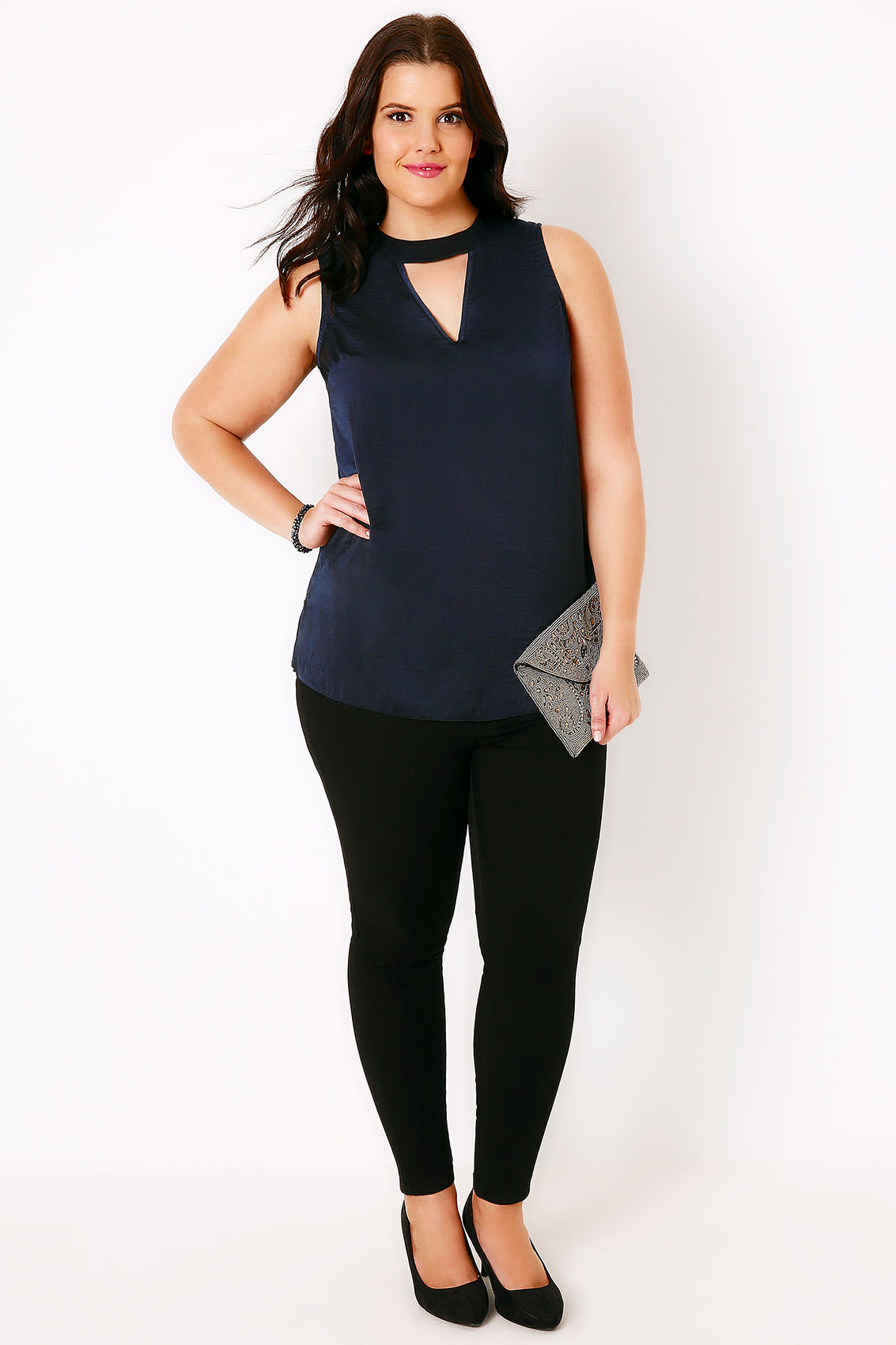 Navy Sleeveless Blouse With Choker Detail & V-Neckline, Plus size 16 to 32