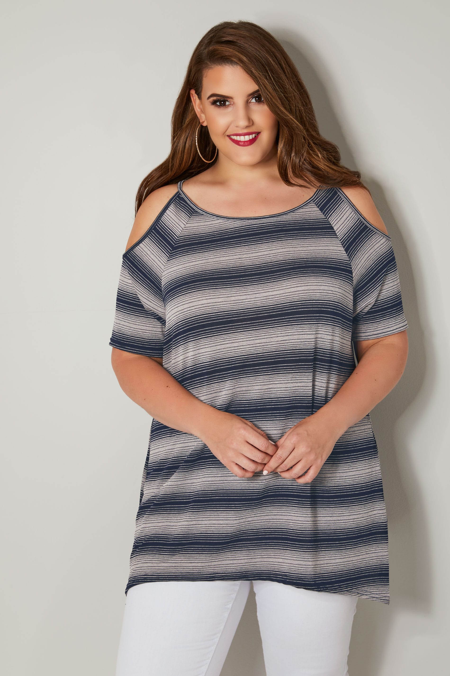 Navy Striped Cold Shoulder Top, plus size 16 to 32