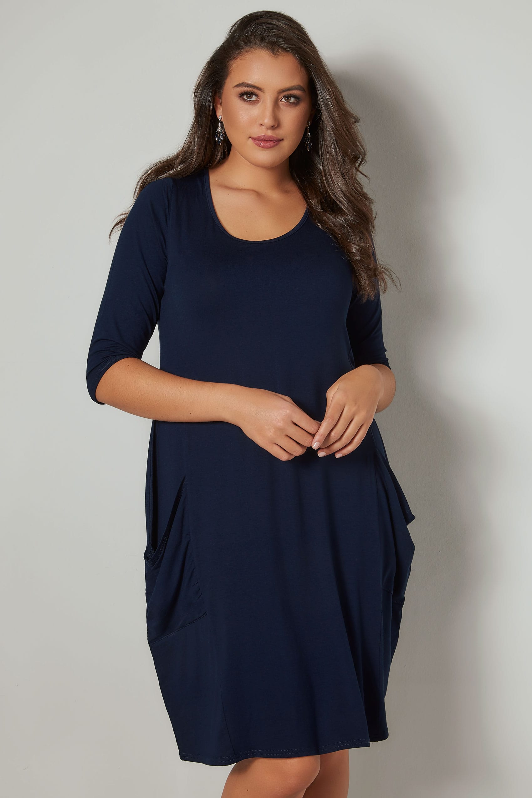 Navy Drape Pocket Jersey Dress With 3/4 Sleeves, Plus size 16 to 361700 x 2550