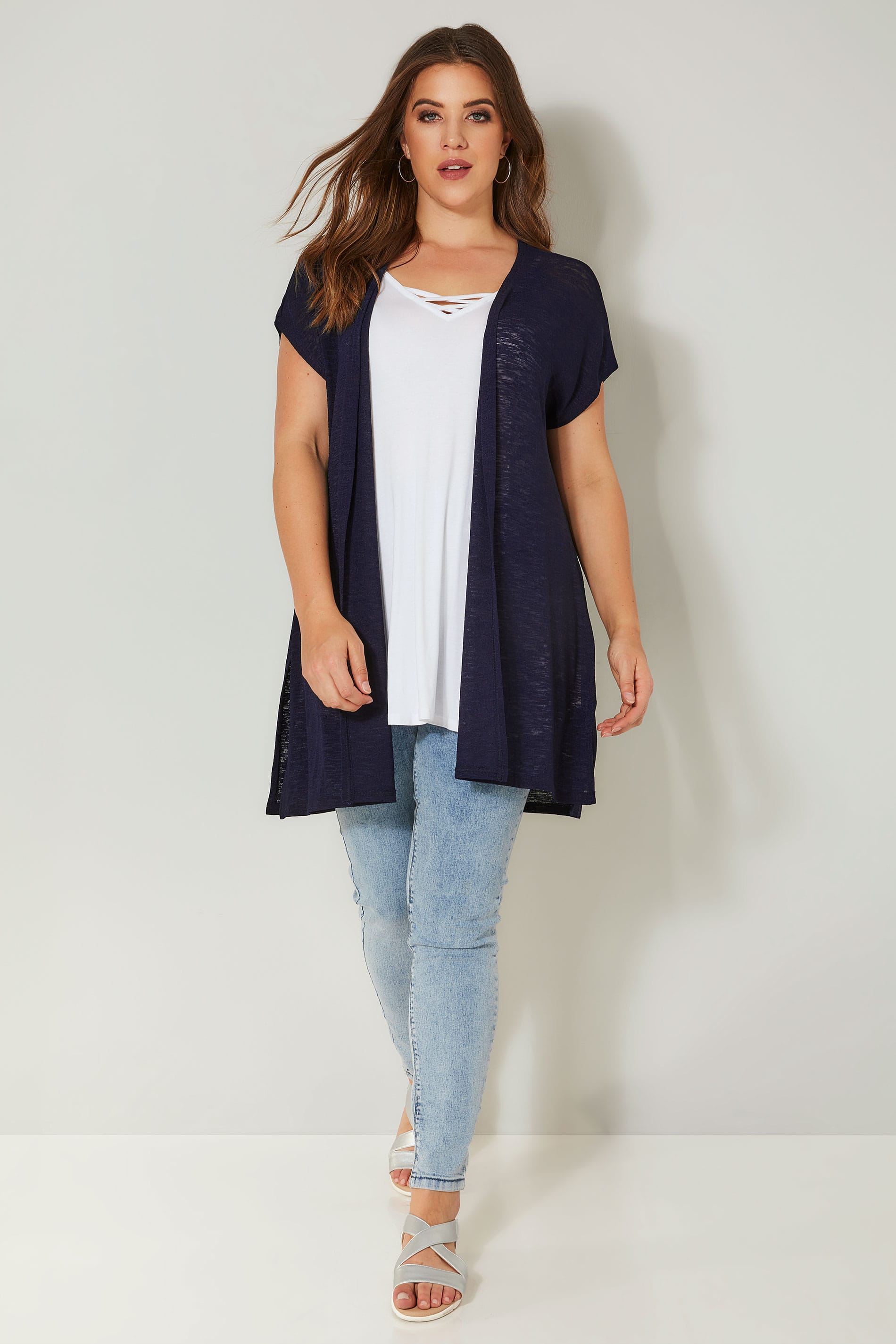 Navy Textured Cardigan With Grown-On Short Sleeves, Plus size 16 to 36