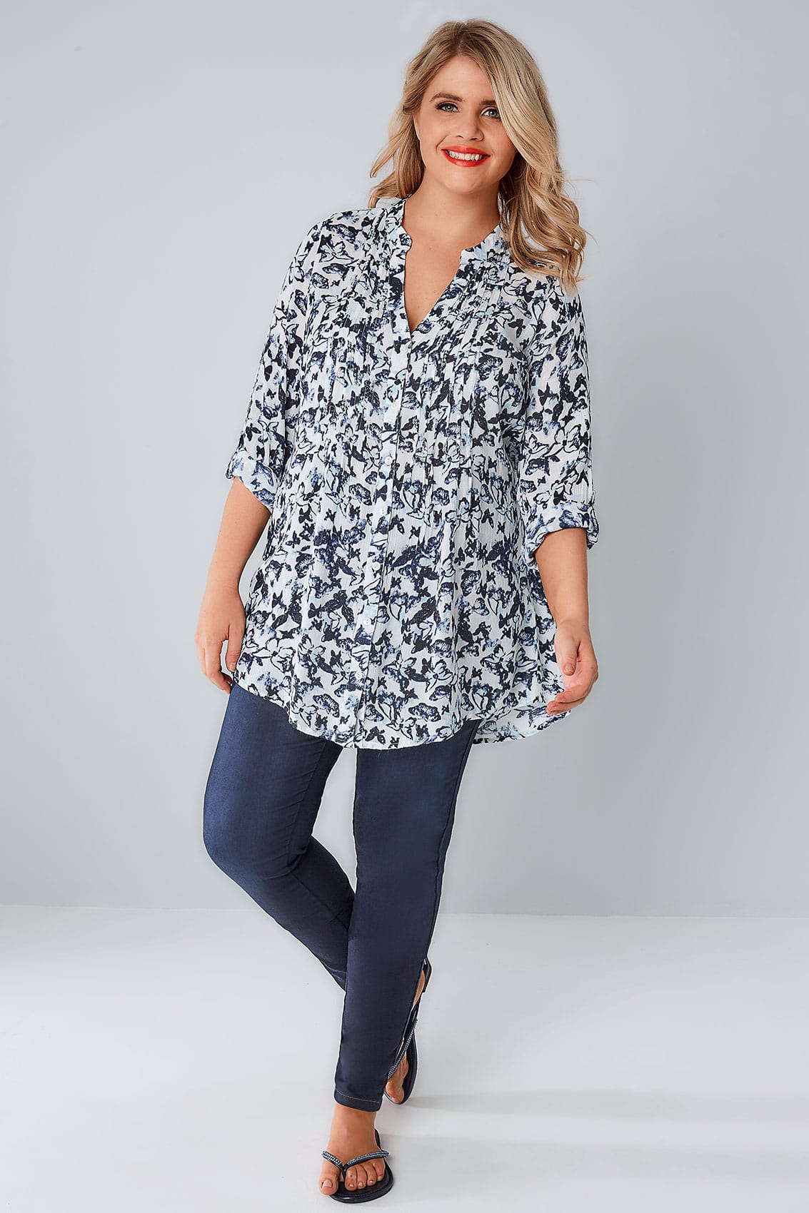 Navy & White Butterfly Pintuck Longline Blouse With Sequin Detail Plus ...