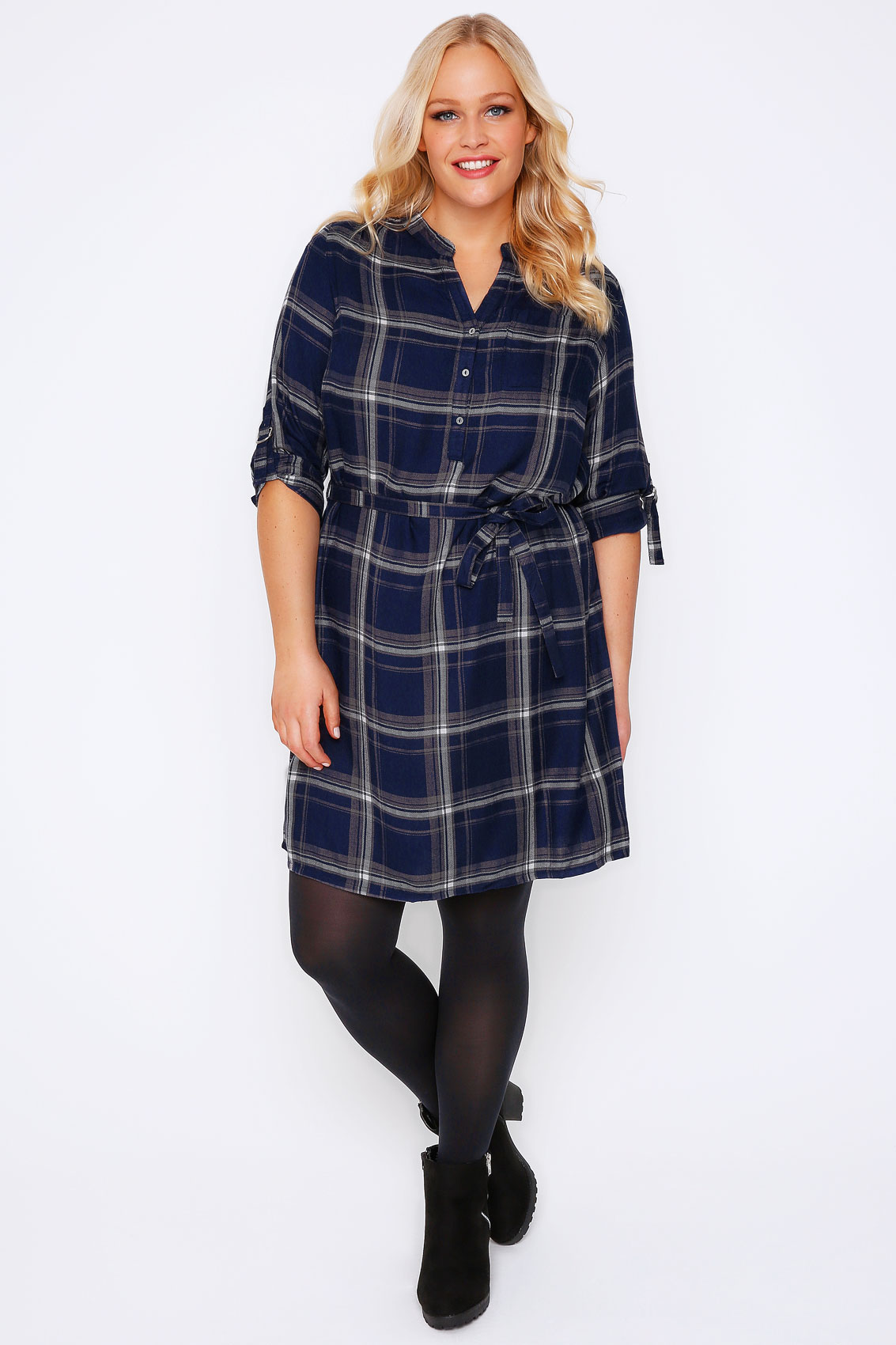 Navy White Checked  Tunic Shirt  Dress  Plus  Size  16 to 36