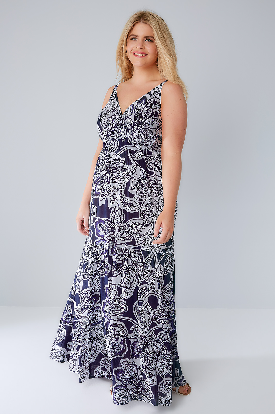 Navy & White Floral Wrap V-Neck Tiered Maxi Dress With Sequin Detail ...