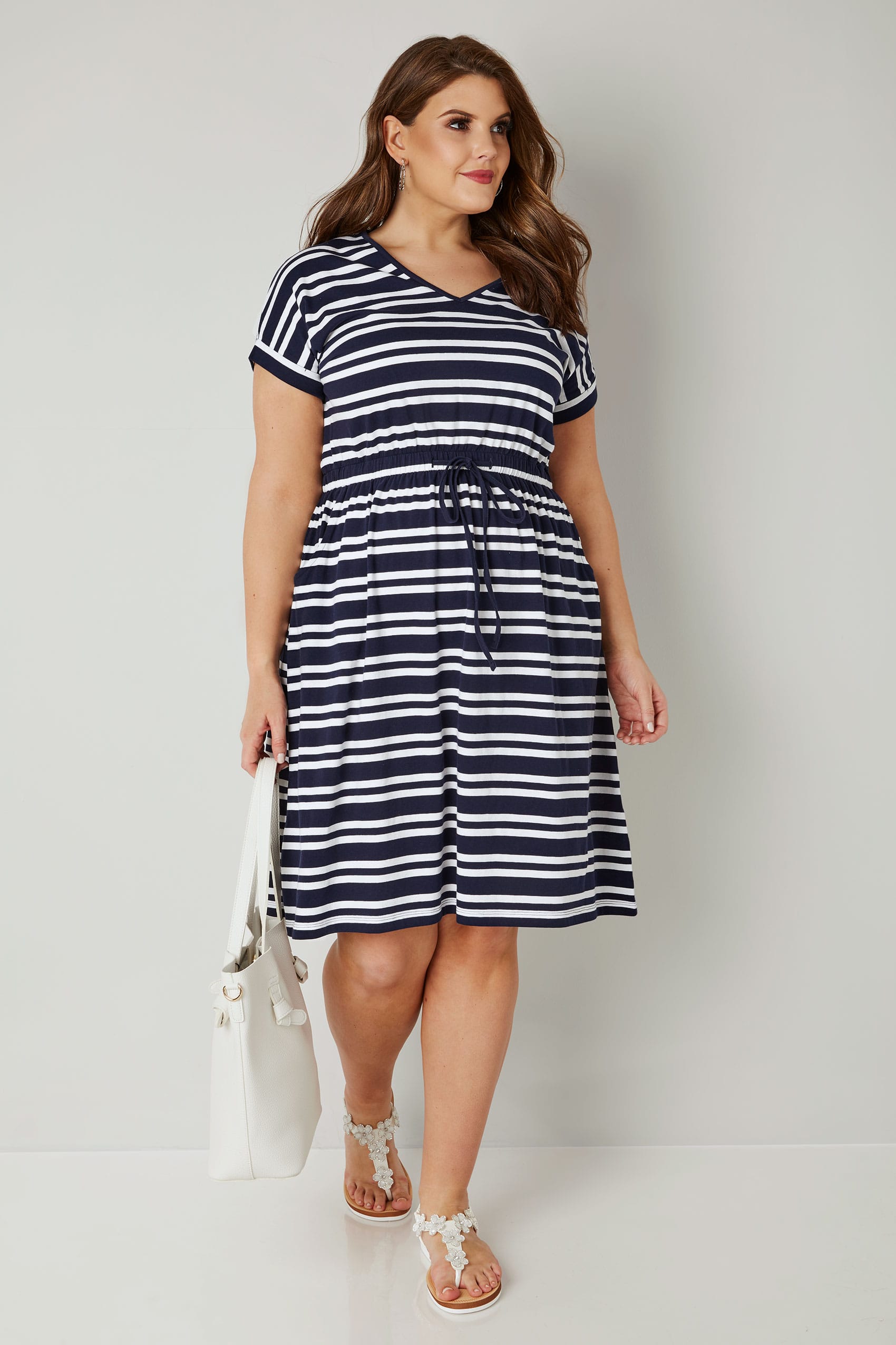 Navy & White Striped T-Shirt Dress With Pockets & Elasticated Waistband