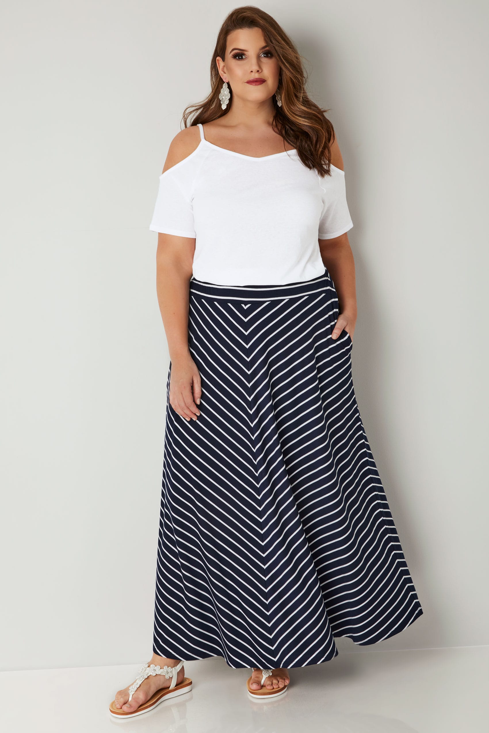 Navy & White Striped Maxi Skirt, Plus size 16 to 36