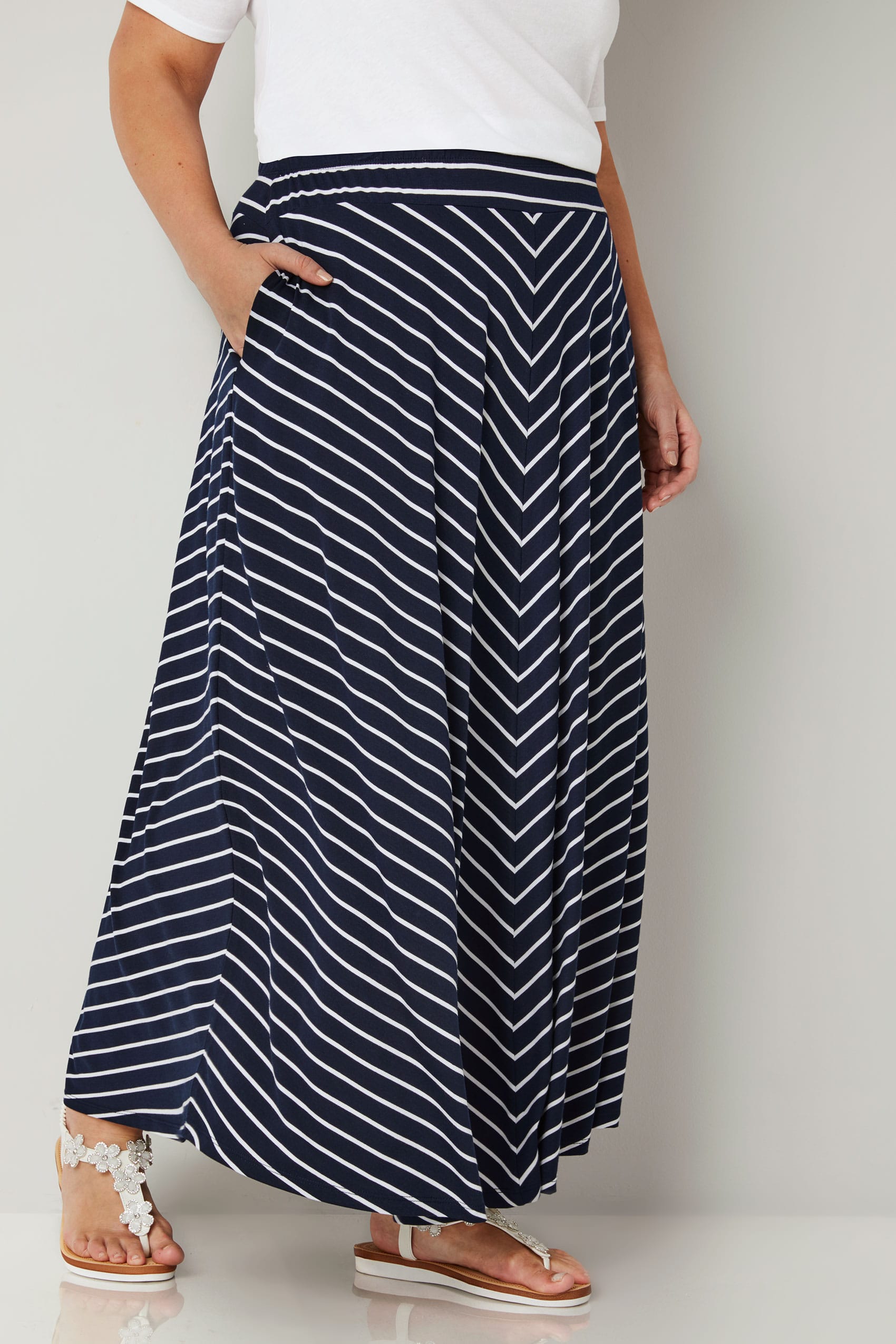 Navy & White Striped Maxi Skirt, Plus size 16 to 36