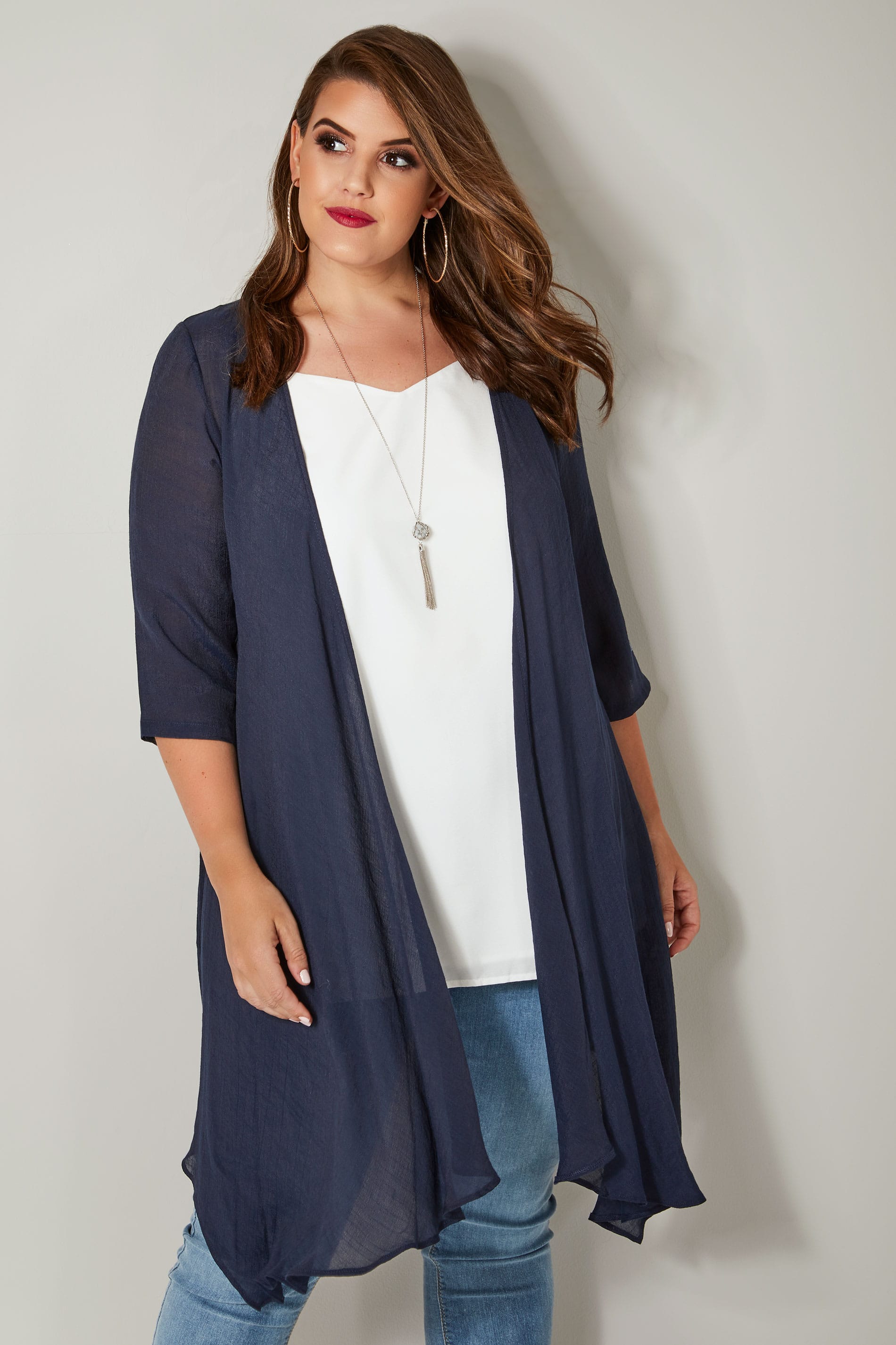 Navy Woven Cardigan With Waterfall Front, Plus size 16 to 36