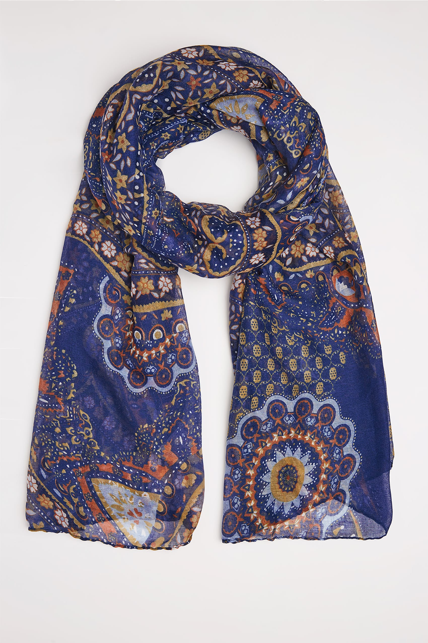 Navy & Yellow Floral Paisley Print Scarf