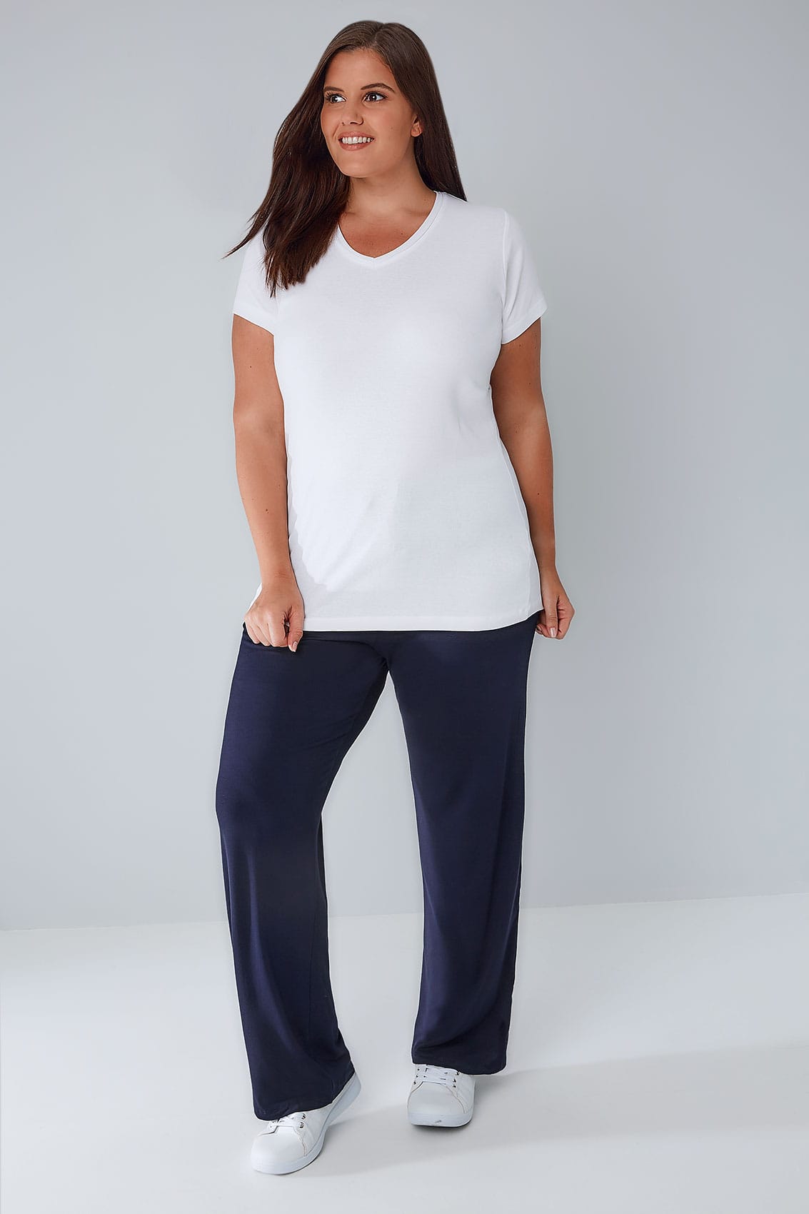 Navy Wide Leg Pull On Stretch Jersey Yoga Trousers Plus