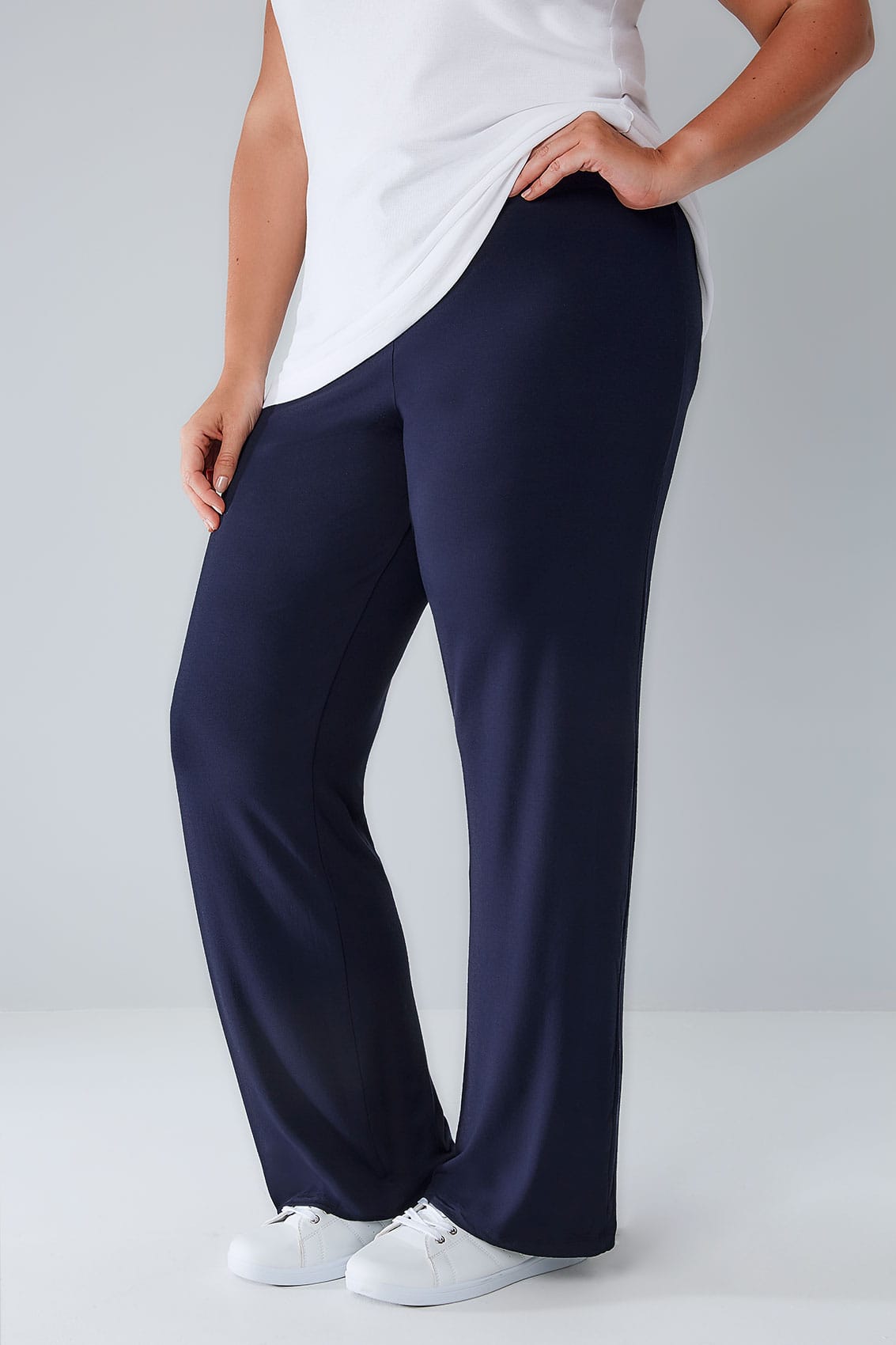 Navy Wide Leg Pull On Stretch Jersey Yoga Trousers Plus size 16 to 36