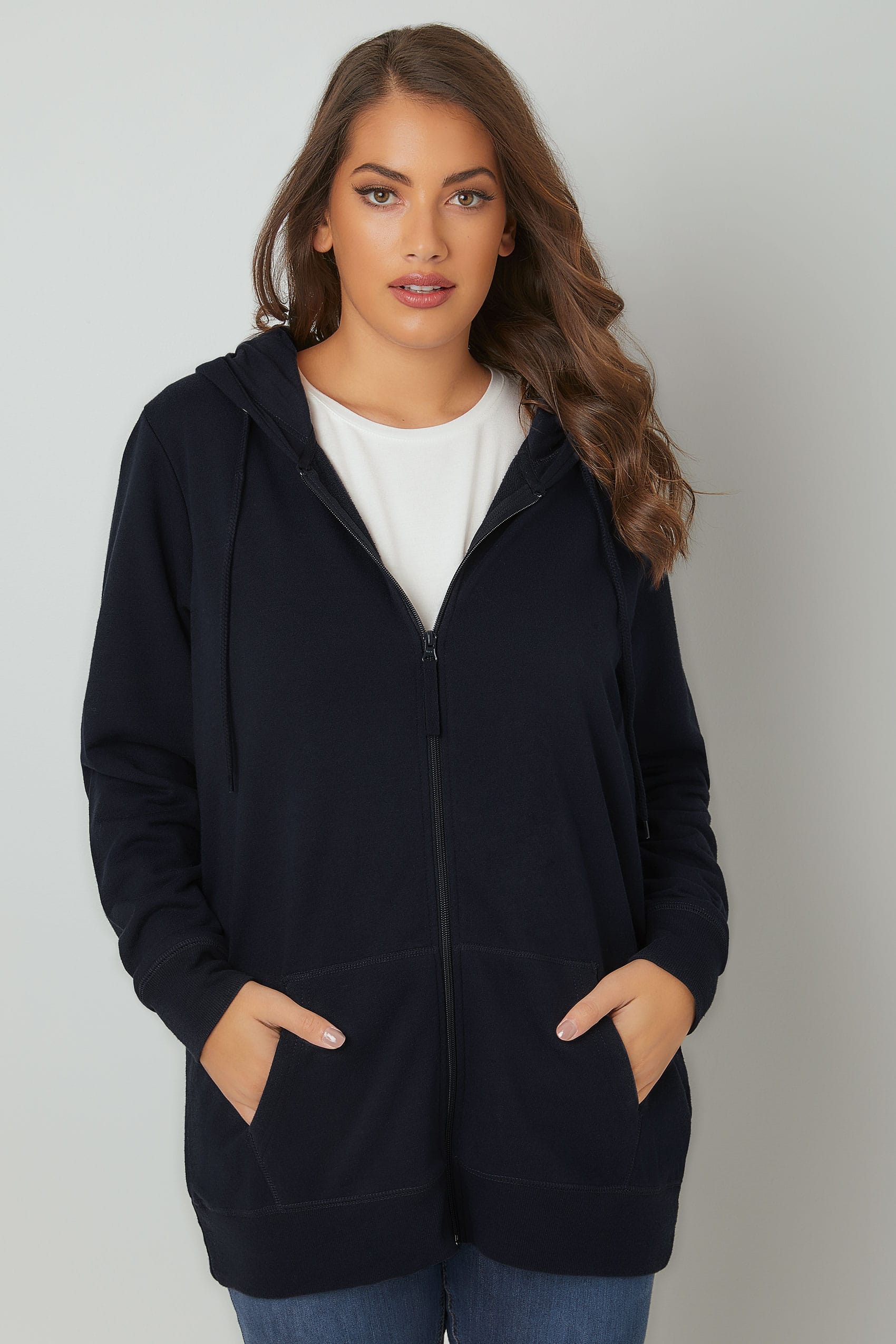 Navy Zip Through Hoodie With Pockets, Plus size 16 to 36