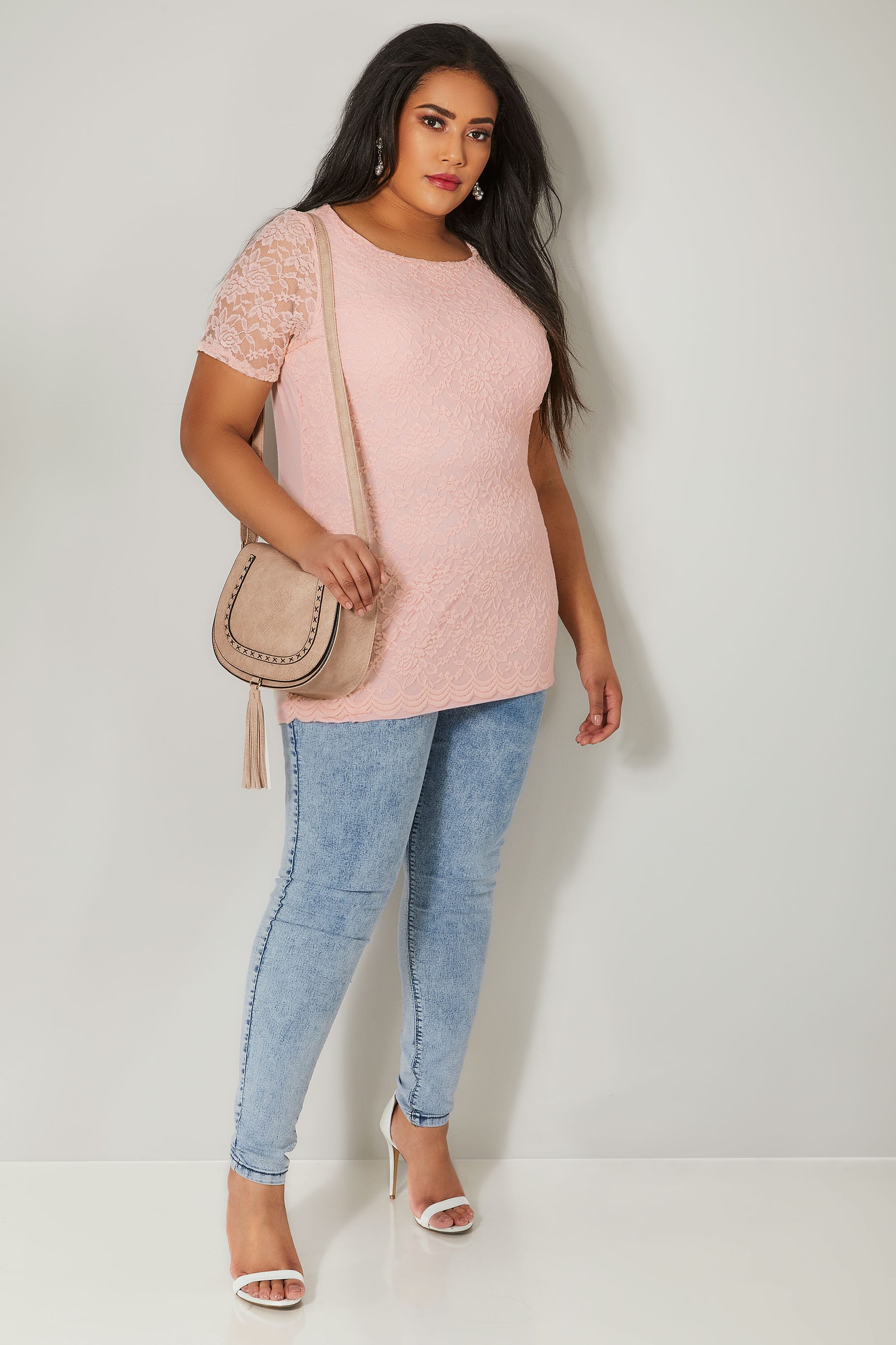 Nude Pink Lace Front Stretch Jersey Top With Scalloped Hem Plus Size