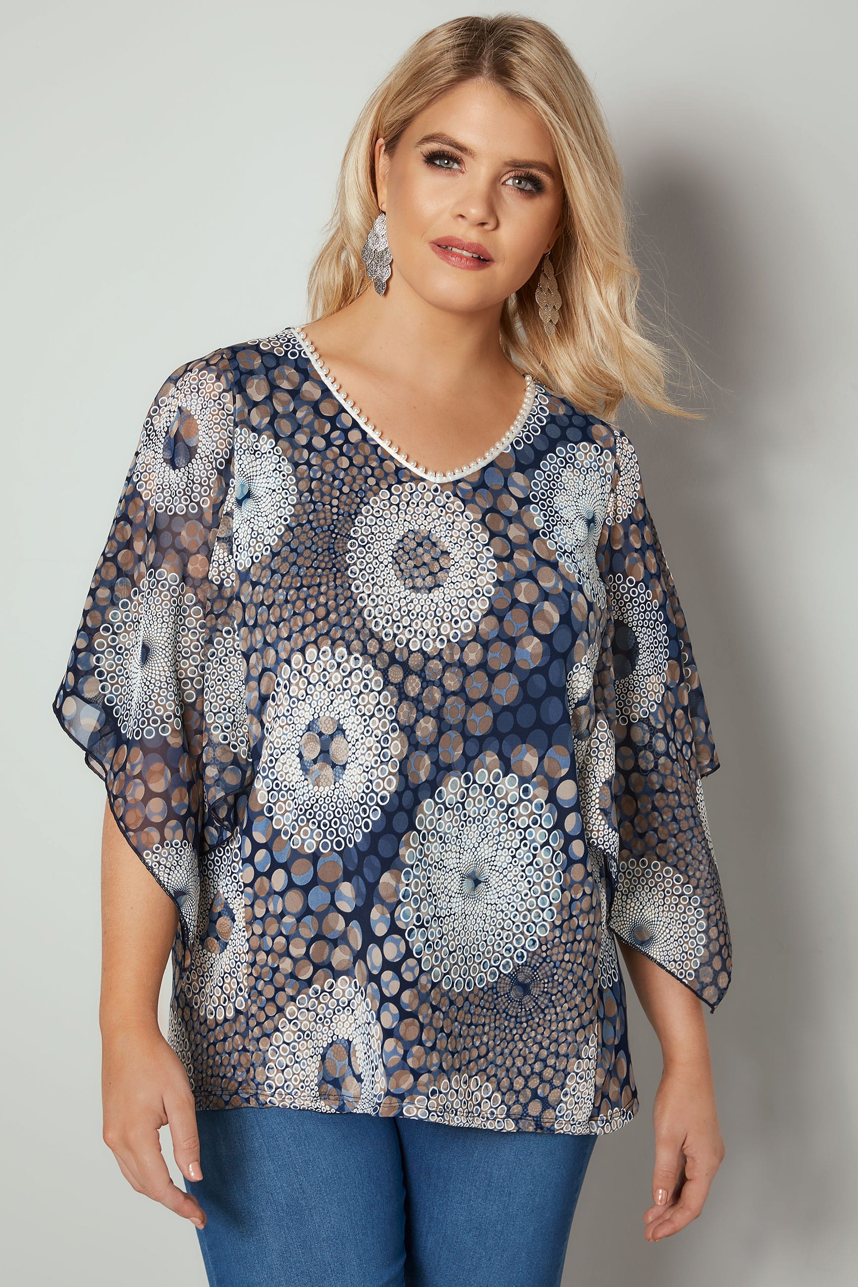 Paprika Blue And White Circular Print Blouse With Pearlescent Bead 