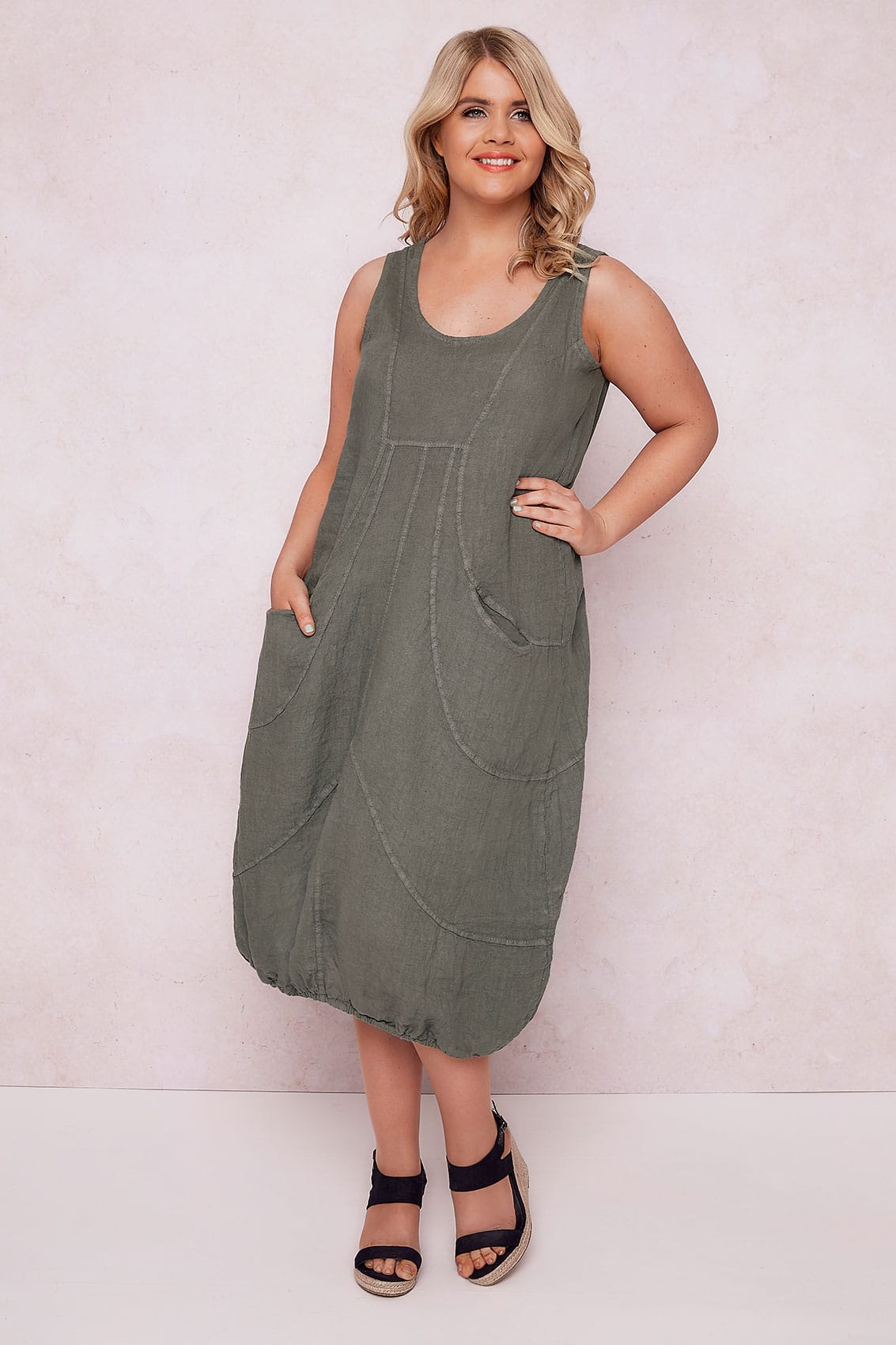 PAPRIKA Khaki Smock Dress With Pockets, Plus size 16 to 26