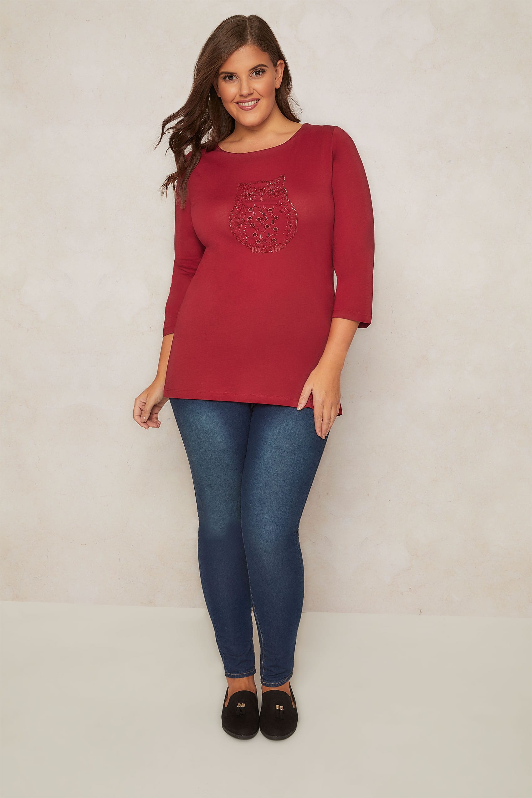PAPRIKA Red Top With Beaded Owl Figure & 3/4 Length Sleeves, Plus size ...