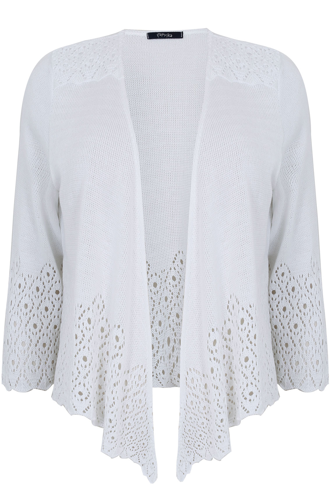 PAPRIKA White Crochet Shrug With 3/4 Length Sleeves Plus Sizes 16,18,20 ...
