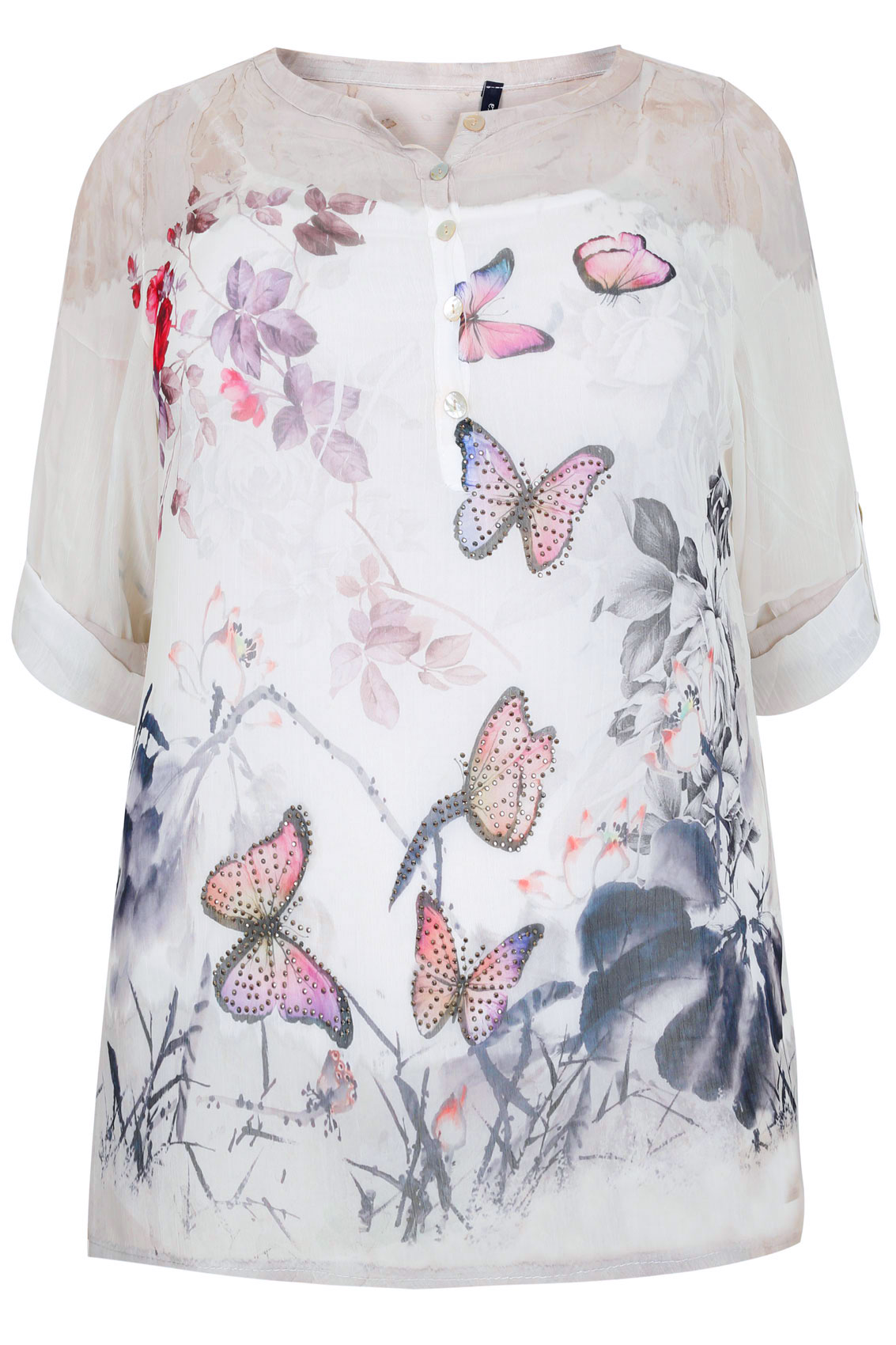 PAPRIKA White, Grey & Pink Butterfly Print Blouse With Cami - Made In ...