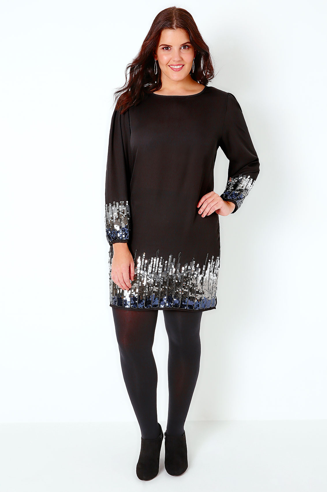 PRASLIN Black Shift Dress With Sequin Shimmer Detail, Plus ...