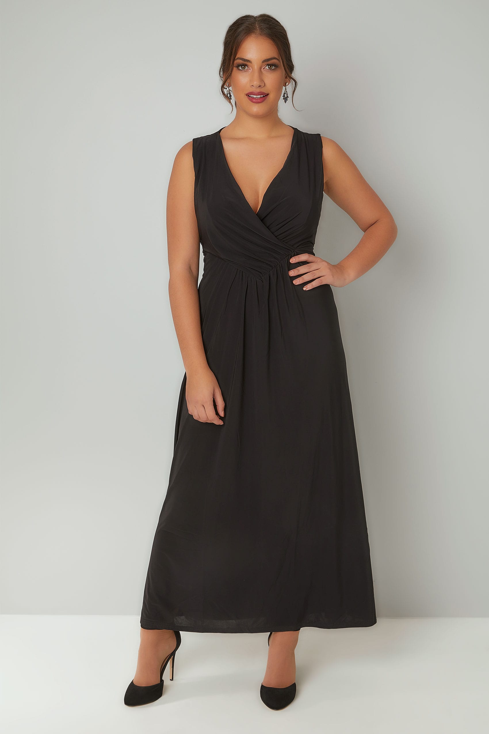 PRASLIN Black Slinky Wrap Front Maxi Dress, Plus size 16 to 26