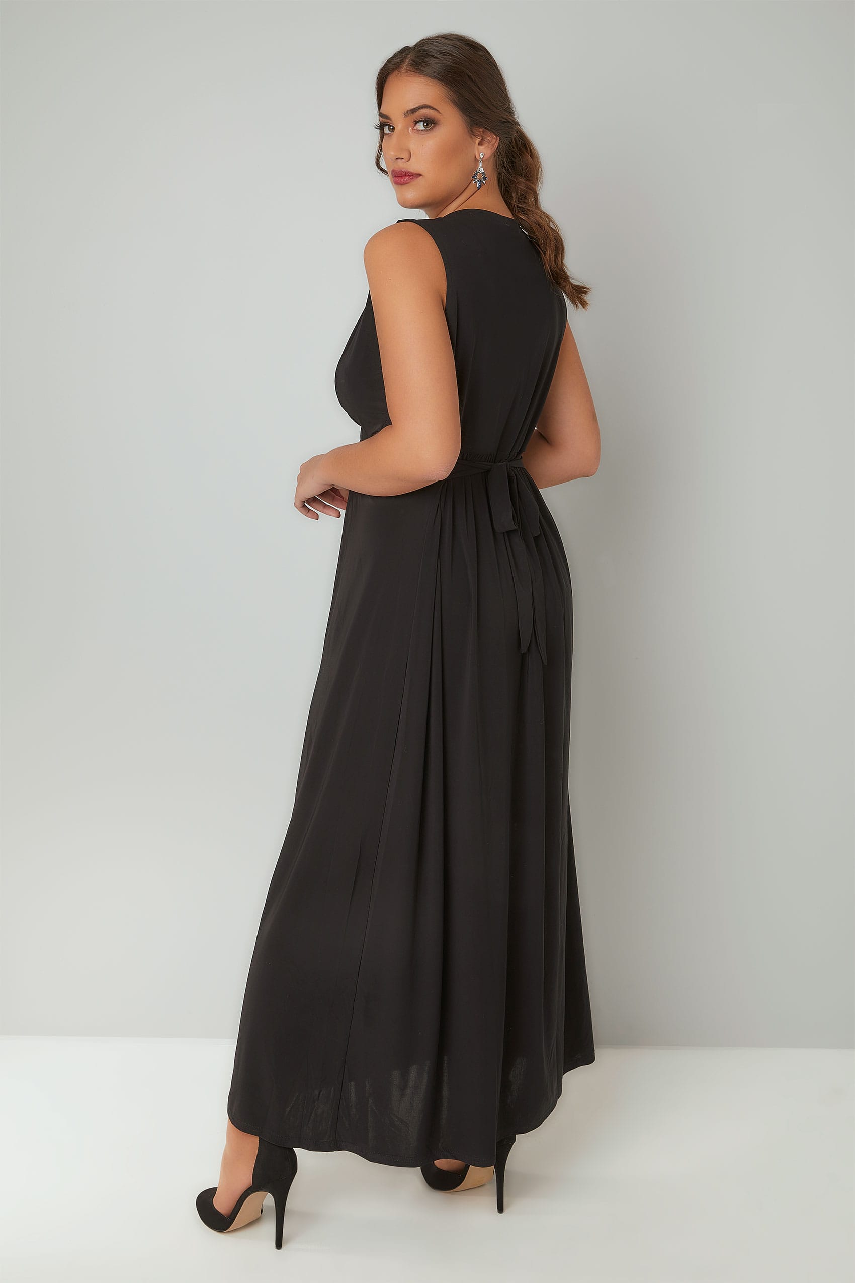 PRASLIN Black Slinky Wrap Front Maxi Dress, Plus size 16 to 26
