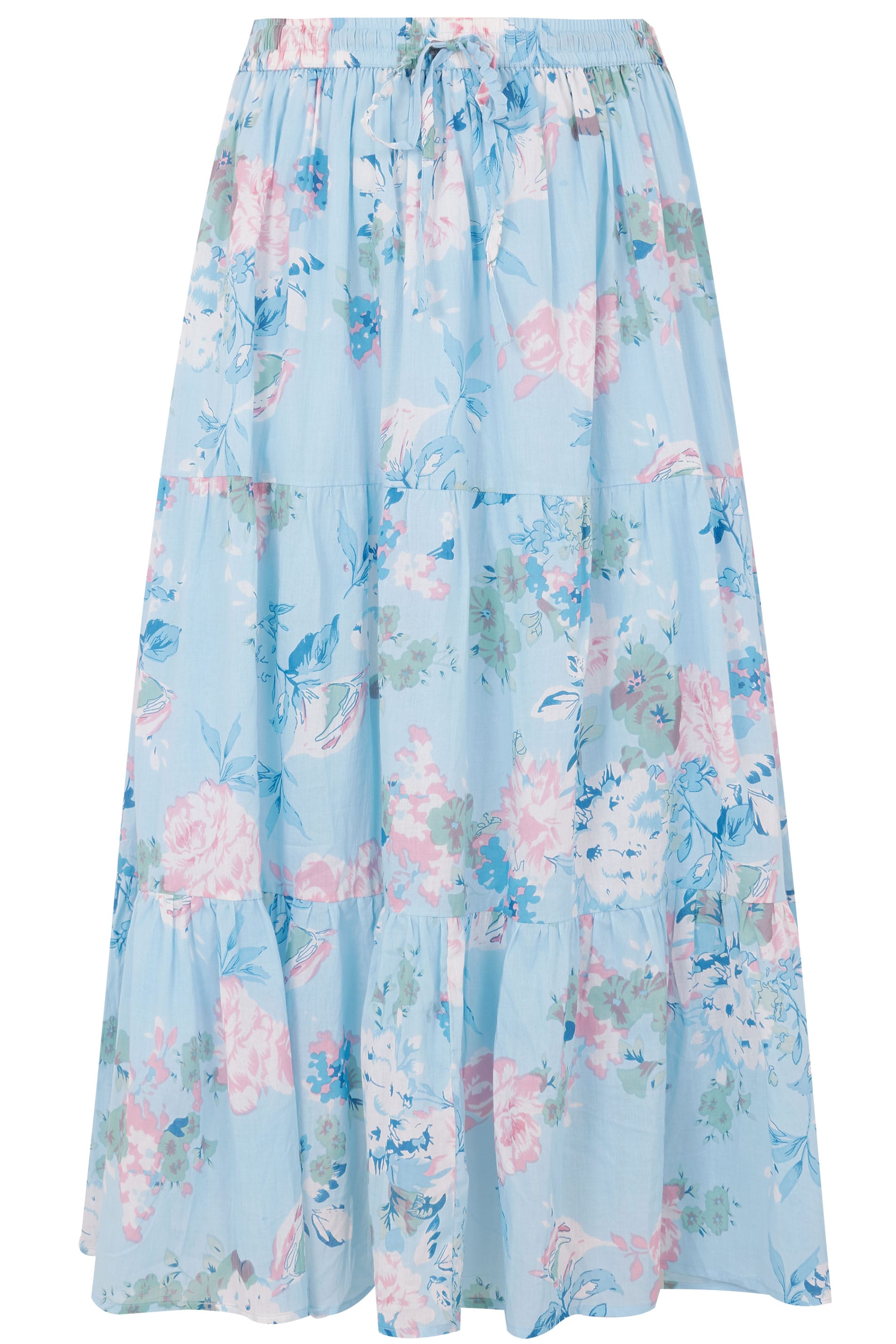 Pastel Blue & Multi Floral Print Tiered Maxi Skirt, Plus size 16 to 36