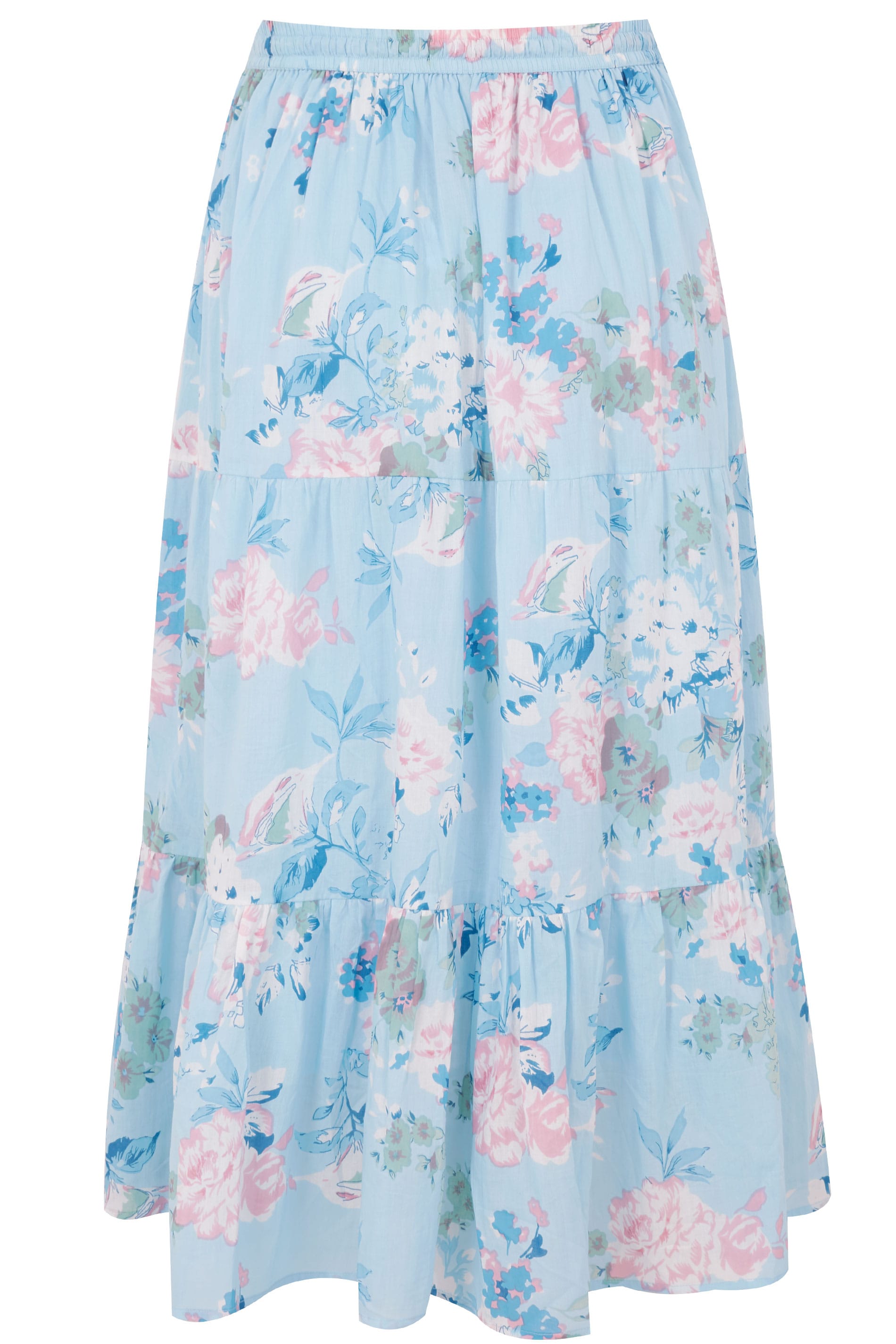 Pastel Blue & Multi Floral Print Tiered Maxi Skirt, Plus size 16 to 36