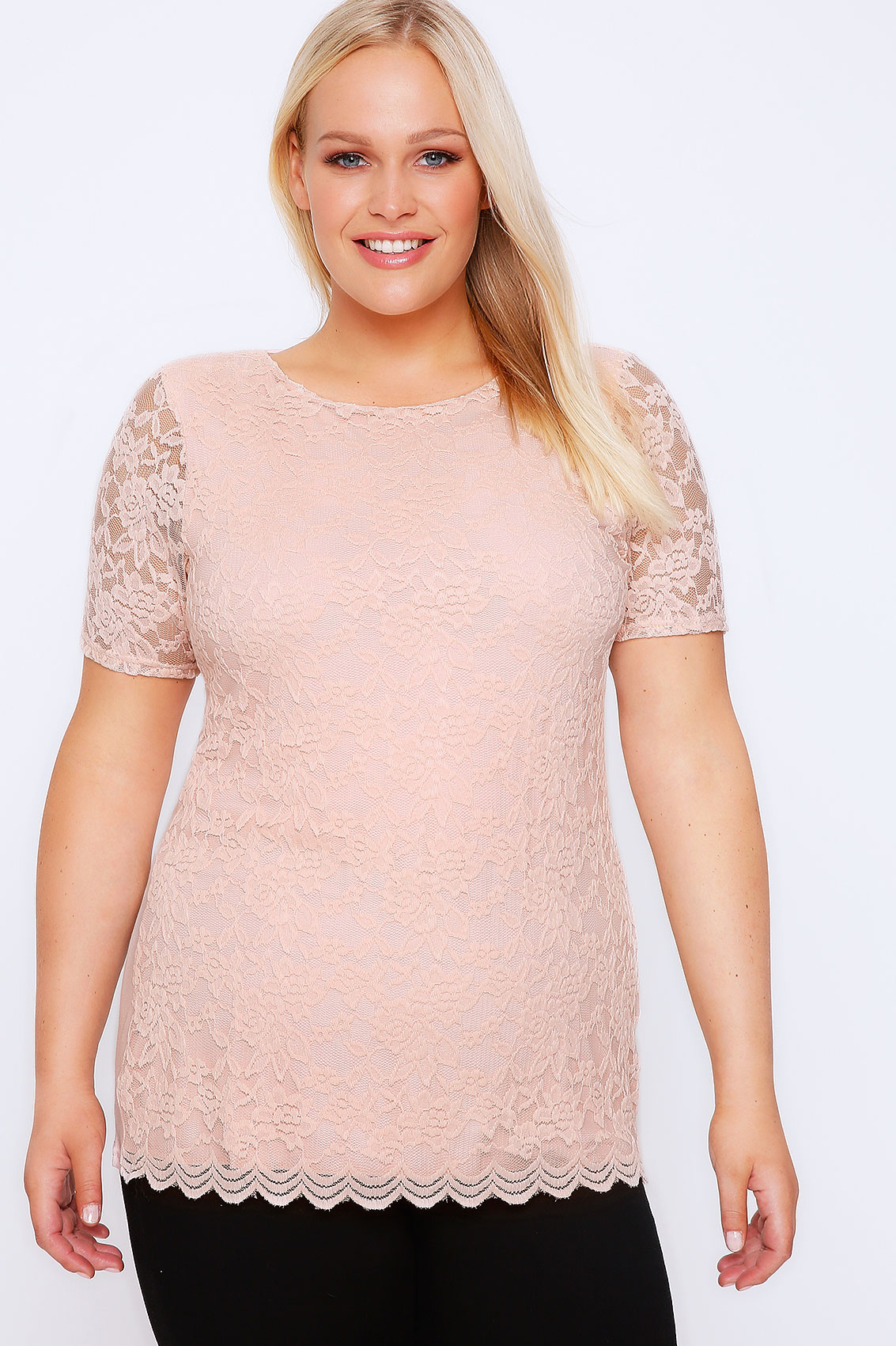 Pastel Pink Stretch Floral Lace Front Top With Scalloped 