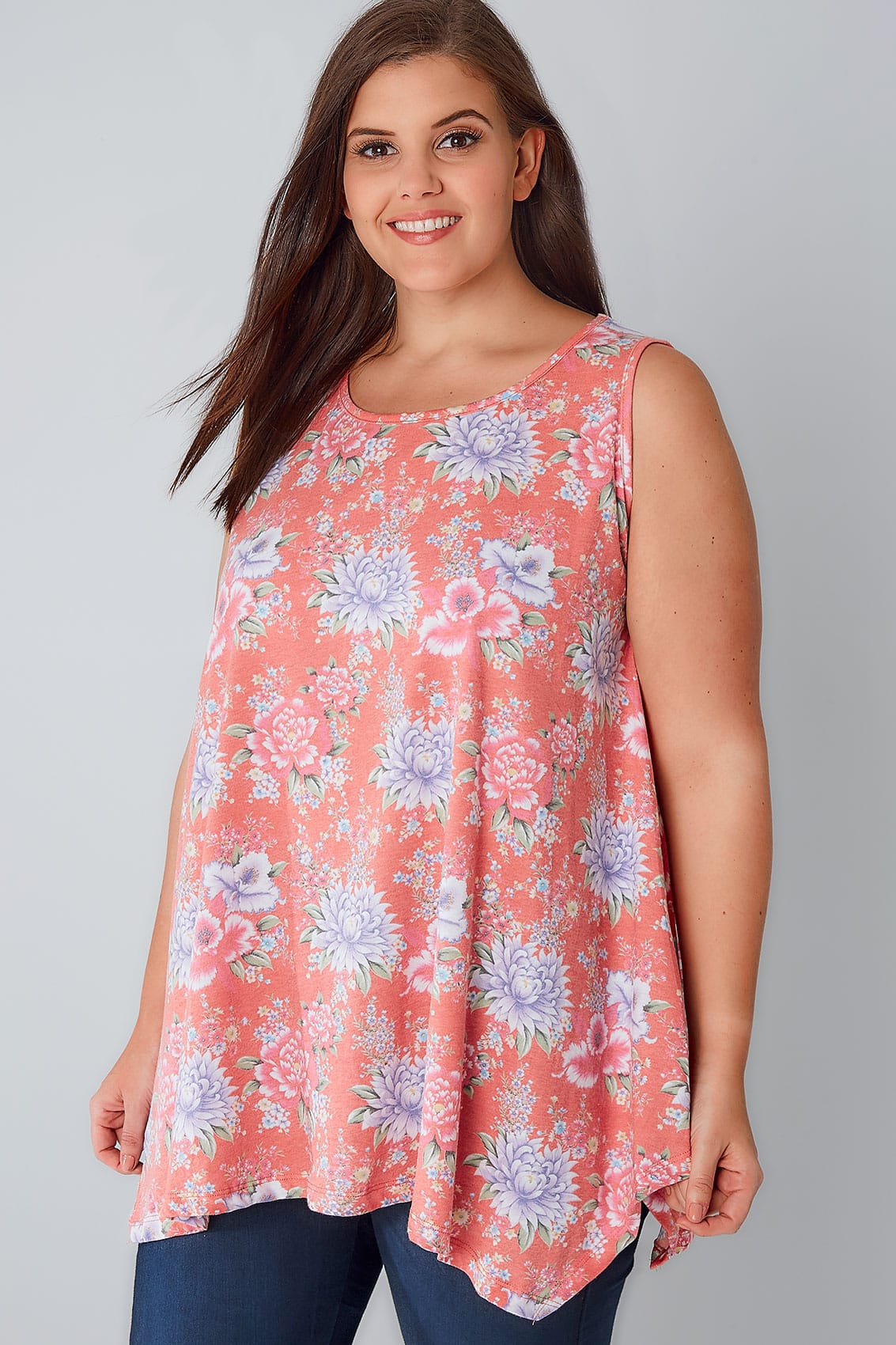 Peachy Pink And Multi Floral Print Sleeveless Top With Hanky Hem Plus 8585