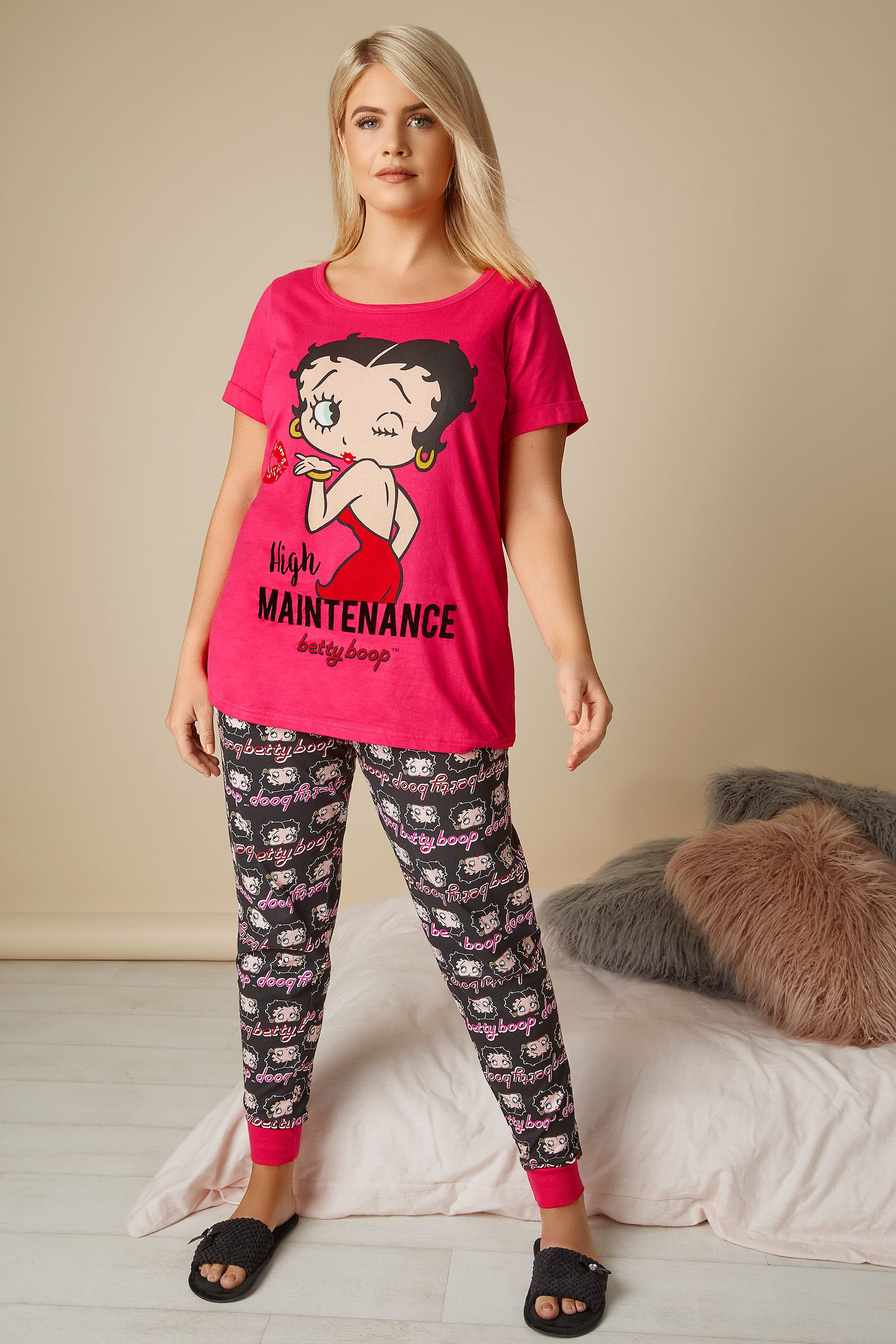 Pink And Black Betty Boop Top And Bottoms Pyjama Set Plus Size 16 To 36