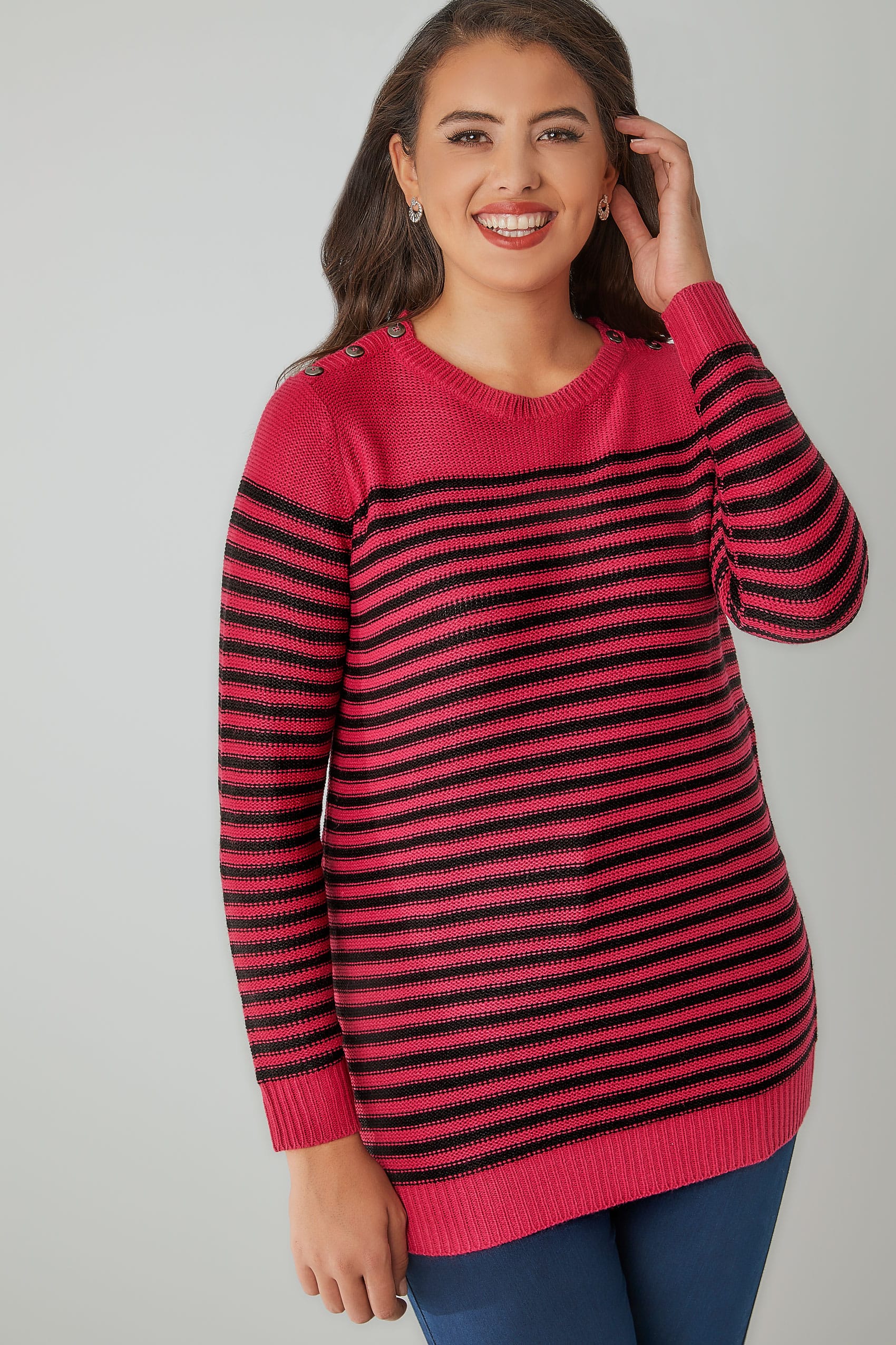 Pink & Black Textured Striped Jumper With Mock Button Fastenings, Plus ...