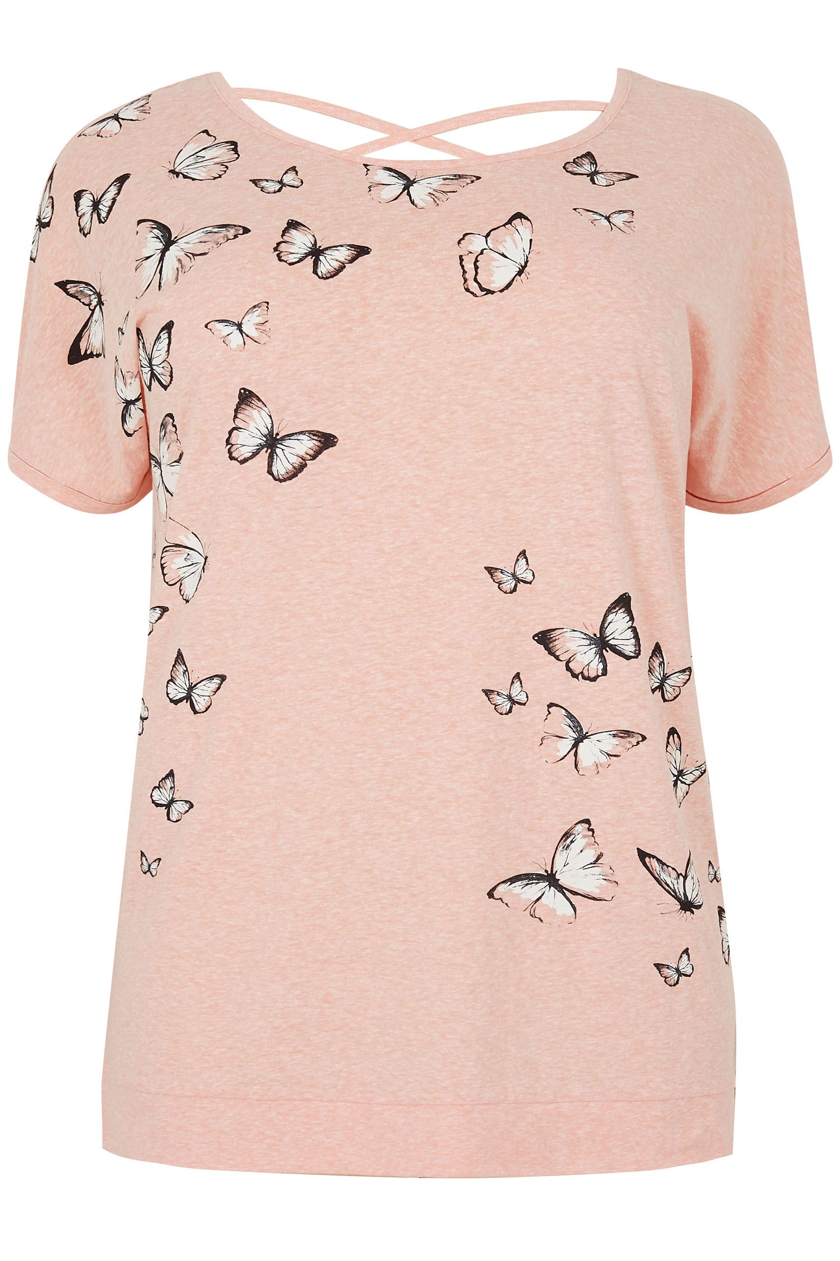 Pink Butterfly Print T-shirt With Cross Over Straps, plus size 16 to 36