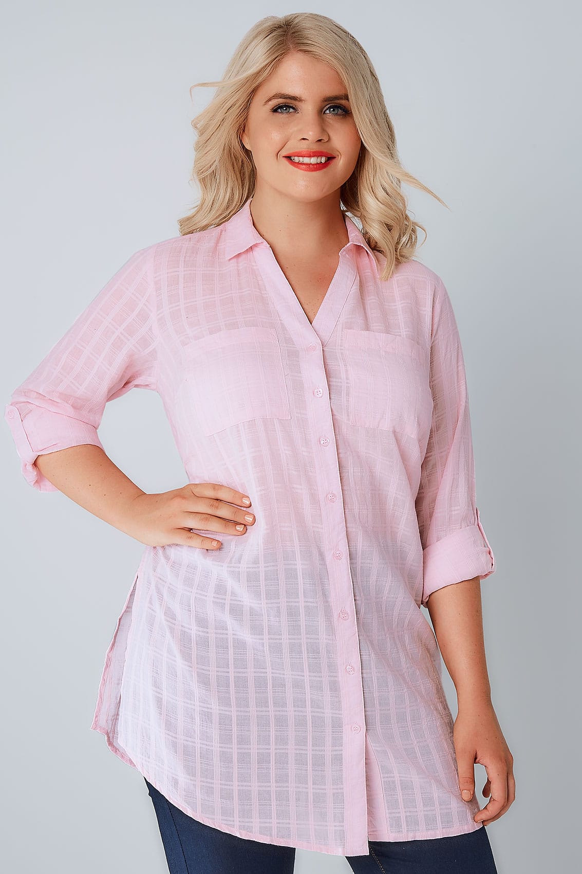 Pink Checked Longline Shirt With Waist Tie, Plus size 16 to 36