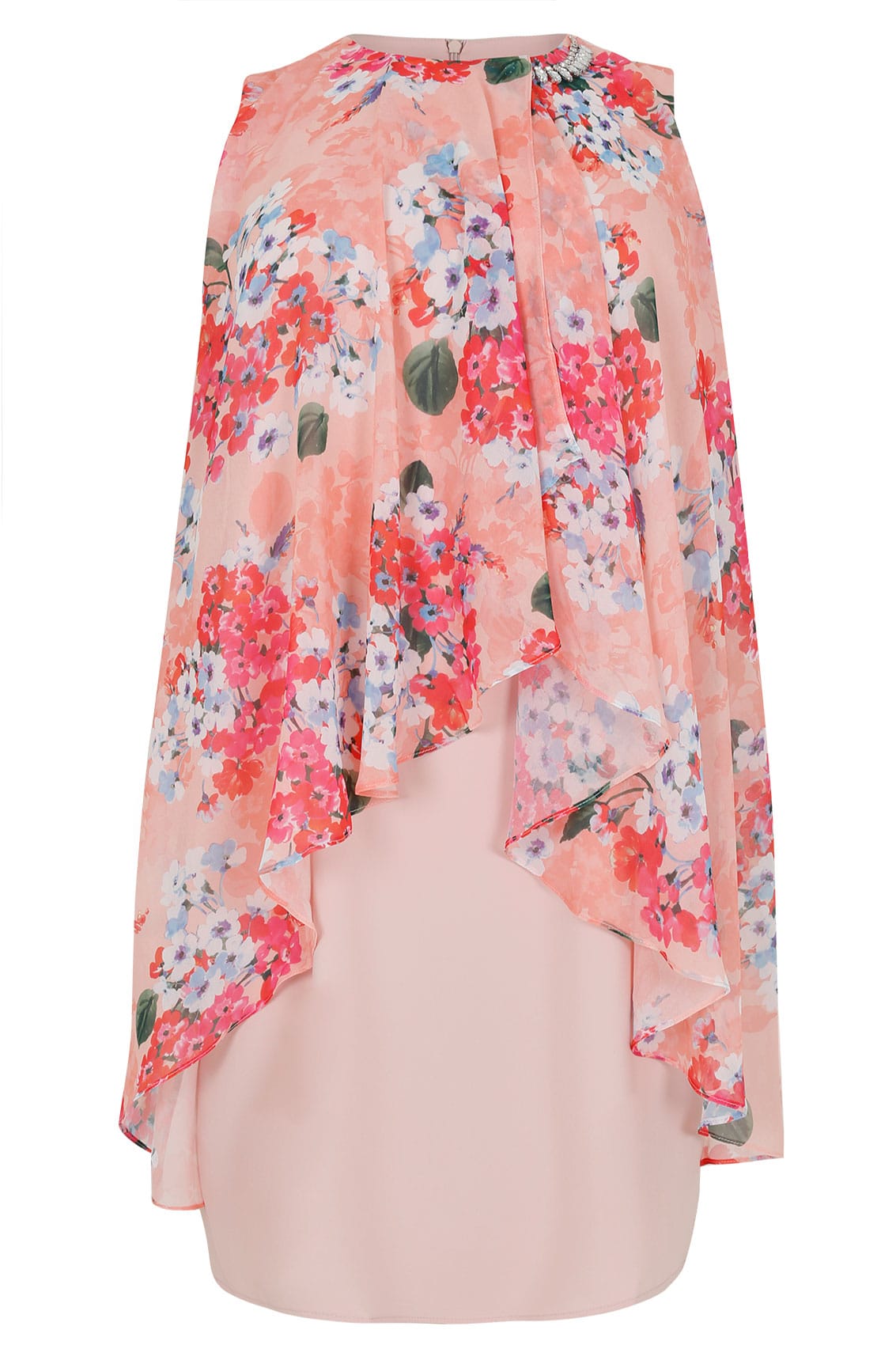 Pink & Coral Floral Printed Dress With Layered Front & Diamante Detail Neckline, Plus size 16 to 36