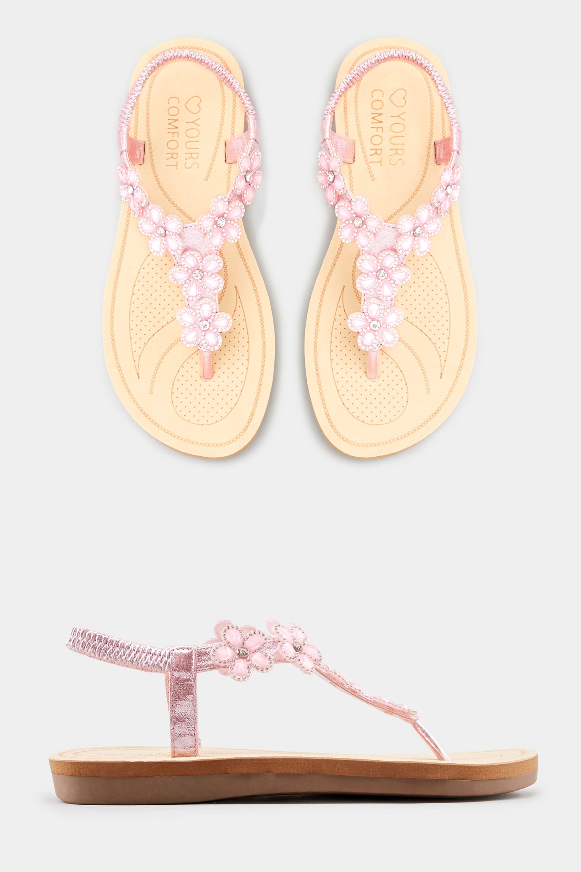 Wide Fitting Rose Gold Diamante Flower Sandals | Sizes 