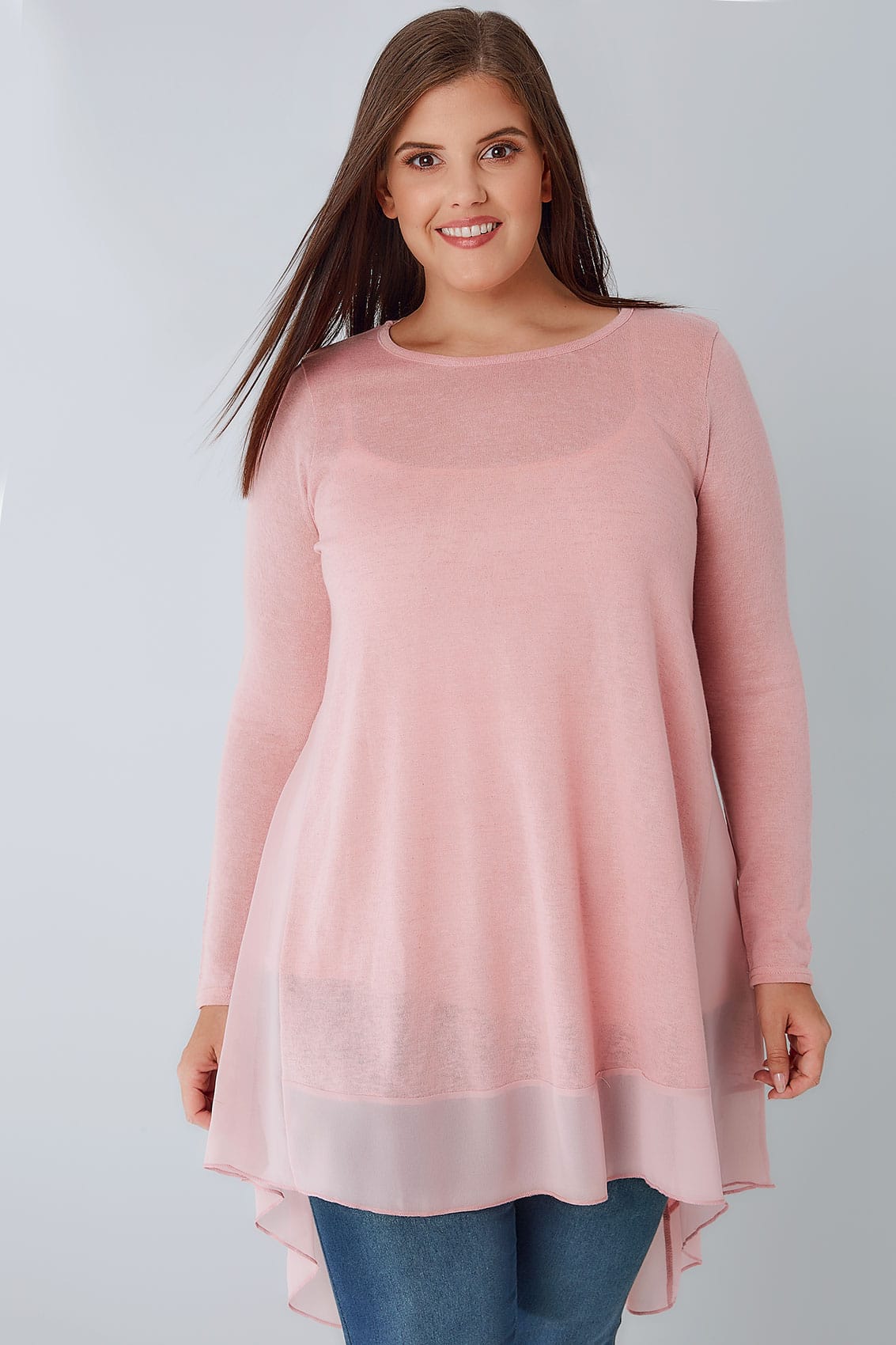 Pink Dipped Hem Longline Top With Sheer Panels, Plus size 16 to 36