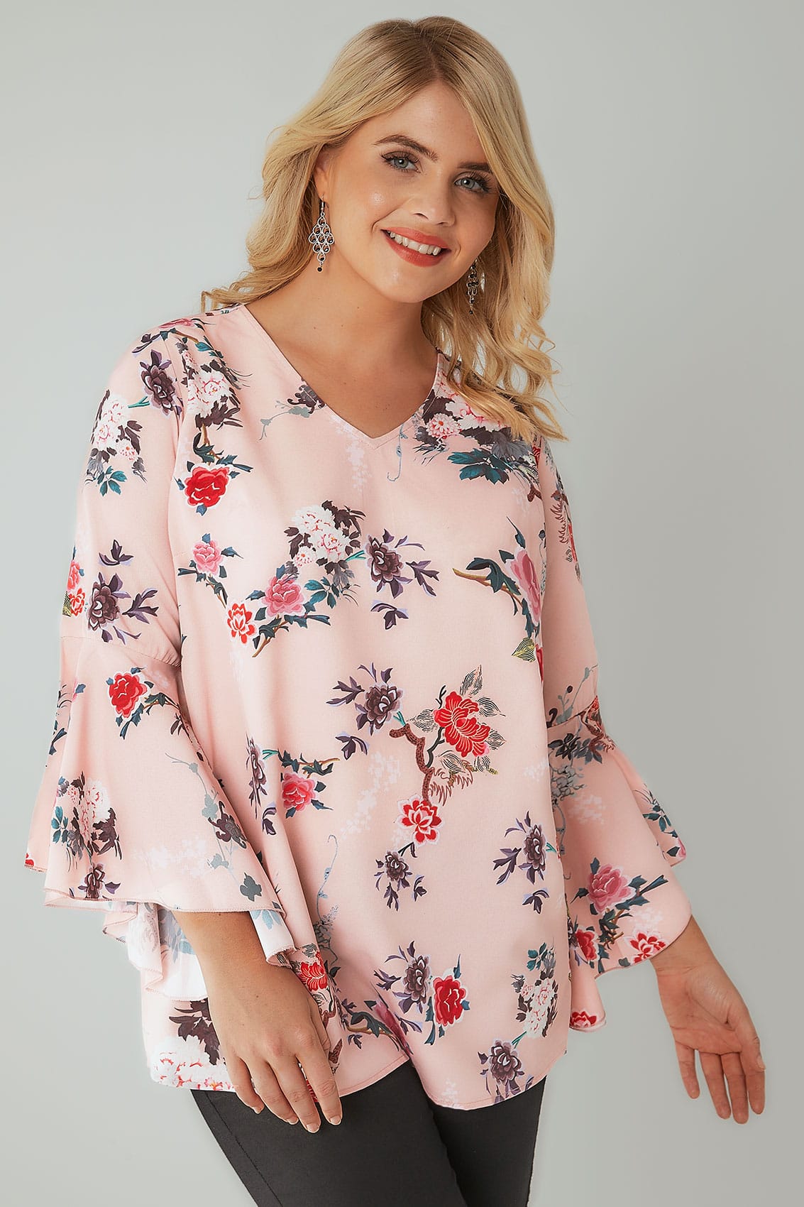 Pink Floral Print Woven Blouse With Flute Sleeves Plus Size 16 To 36