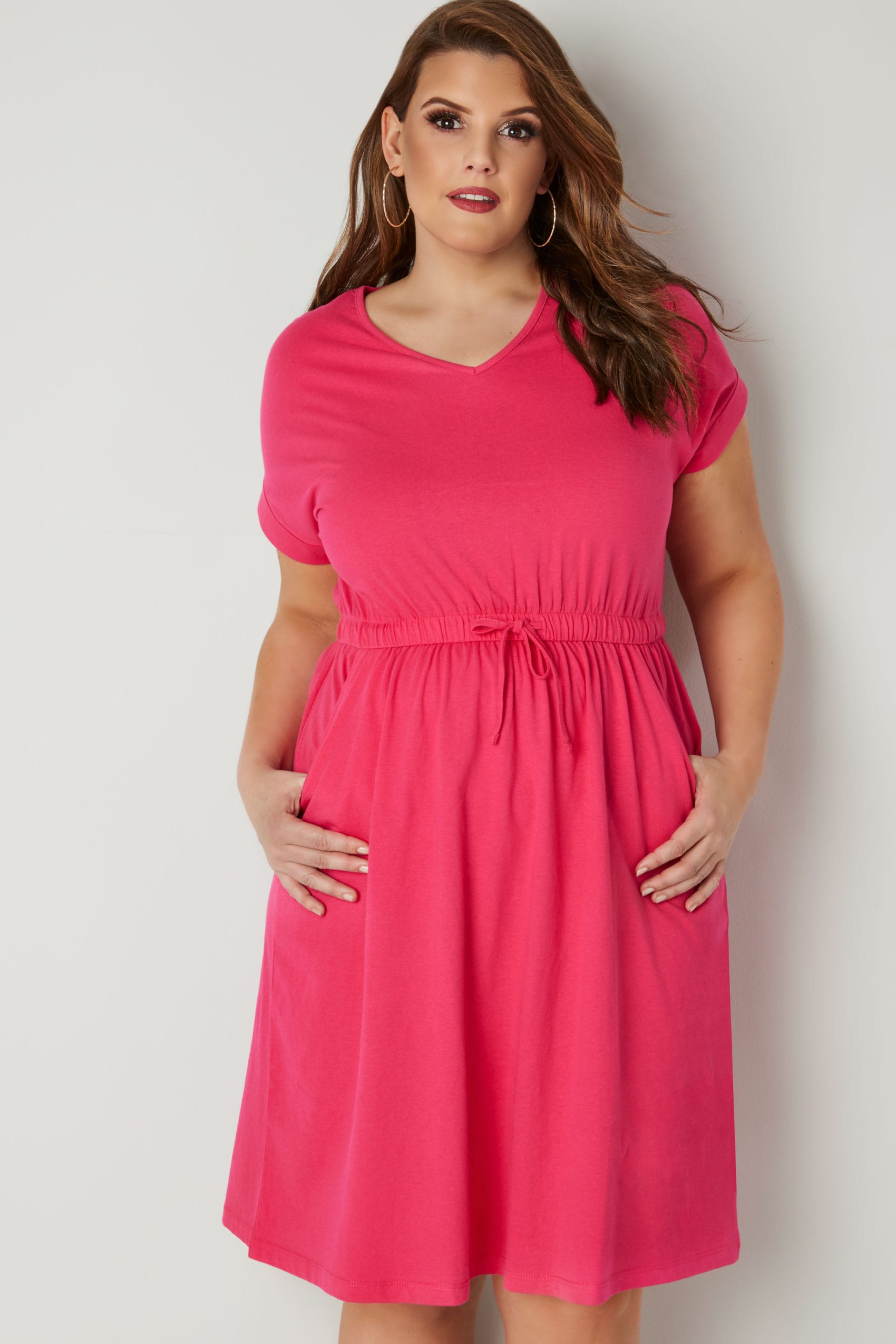 Bright Pink Jersey T-Shirt Dress With Drawstring Waist, plus size 16 to 36