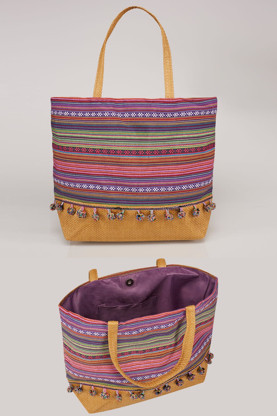 Pink & Multi Stripe Pom Pom Beach Bag With Straw Handles & Panel