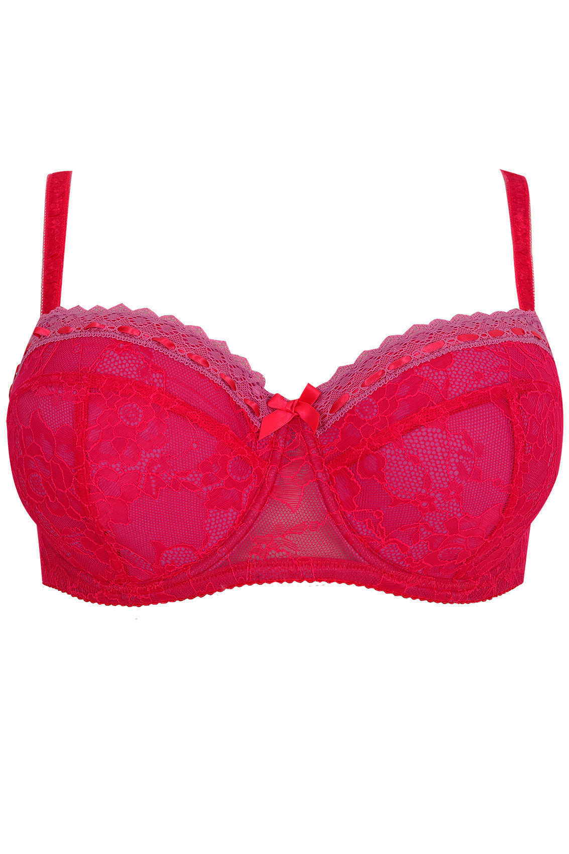 Pink & Red Overlaid Lace Moulded Balcony Bra plus size 38C - 46G