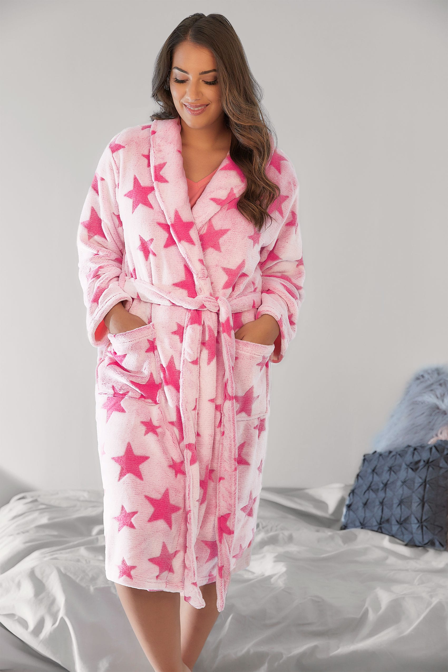 Pink Super Soft Luxurious Star Fleece Dressing Gown, Plus size 16 to 36