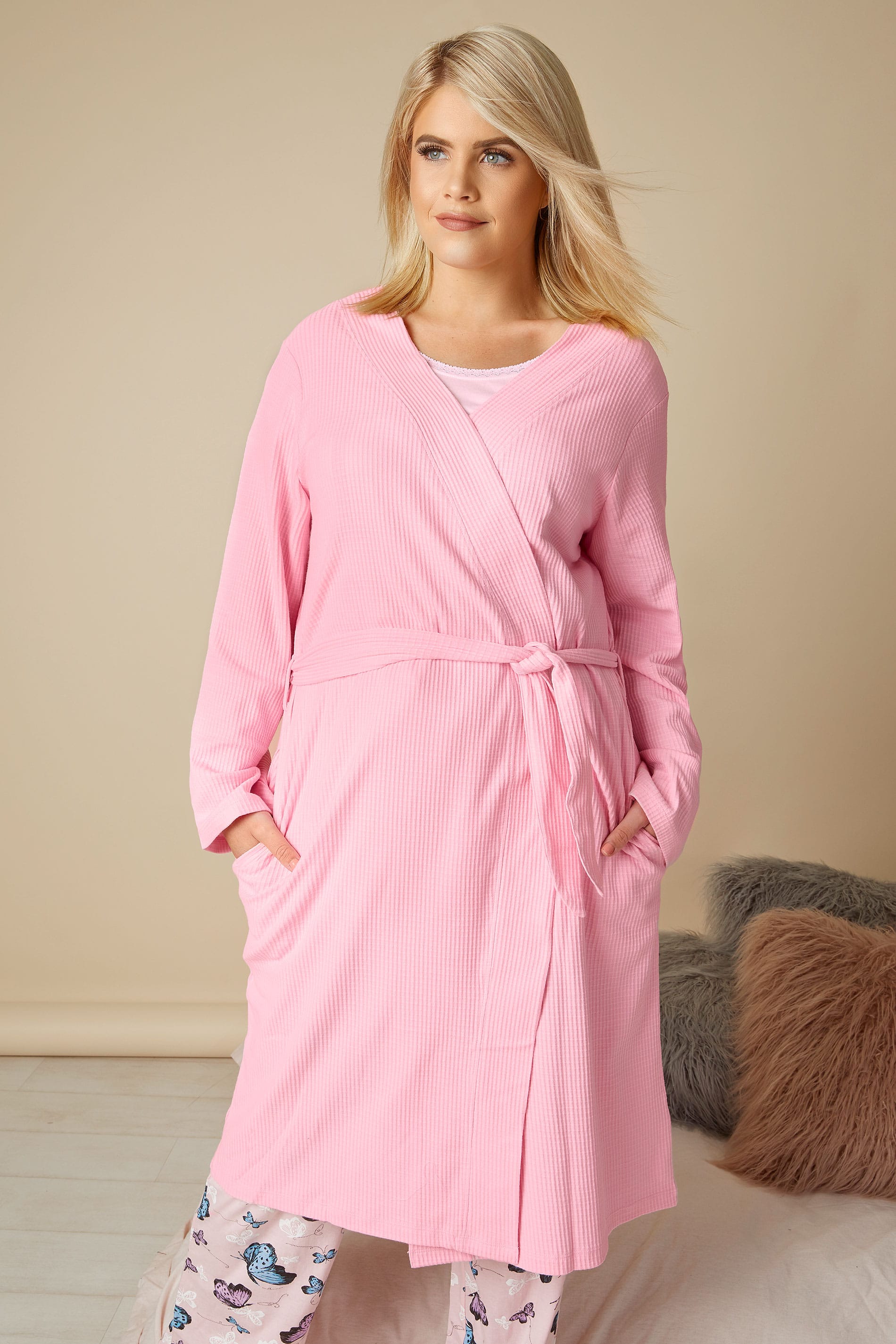 Pink Textured Cotton Dressing Gown With Pockets Plus Size 16 To 36 